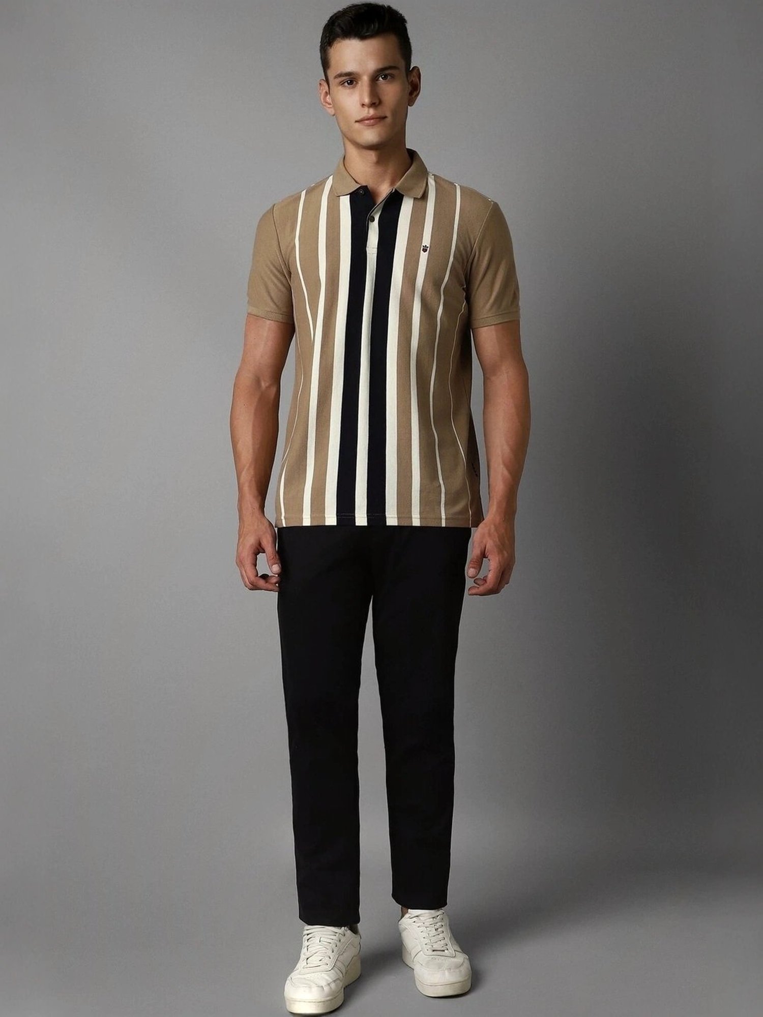 Louis Philippe Khaki Cotton Slim Fit Striped Polo T-Shirt