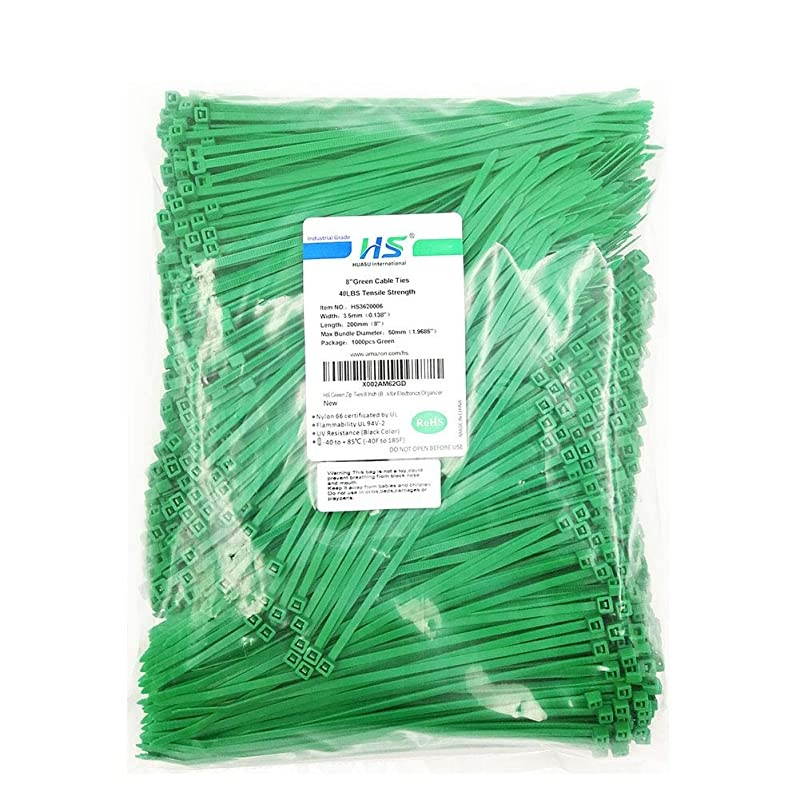 Green Zip Ties 8 Inch Bulk1000 Pack Nylon Cable Ties 40 Lbs SelfLocking Wire Ties for Electronics Organizer