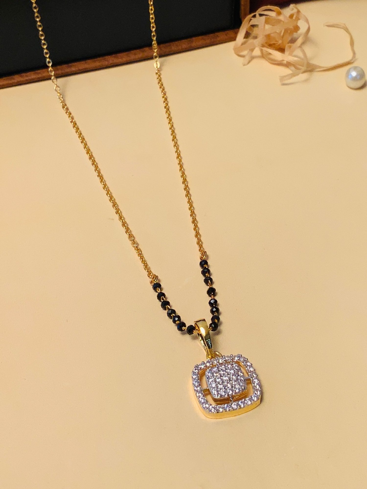 Abdesigns Gold-Plated American Diamond & Black Beaded Mangalsutra