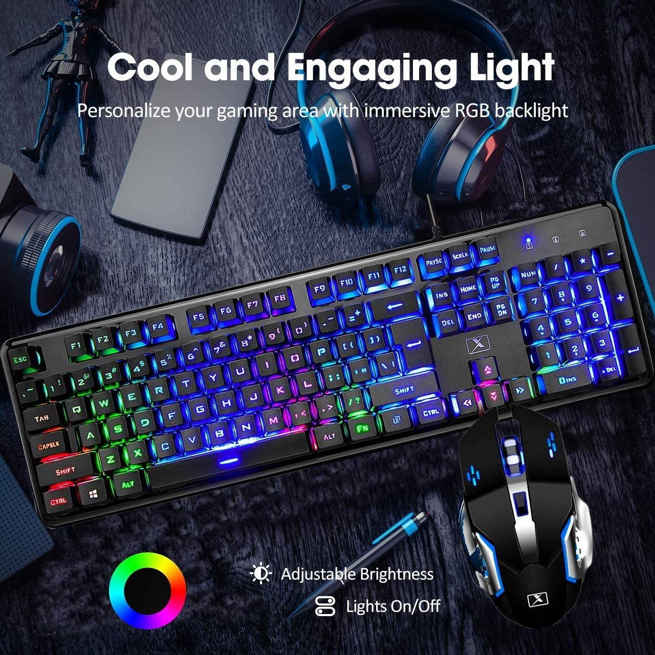 Mechanical Feeling Gaming Keyboard and Mouse Mousepad Combo,104 Keys Rainbow Backlit Gamer Keyboard and Mice Set,10 Color RGB Large Mice pad 2400DPI 7 Button La Souris for PC Laptop Mac (Black)
