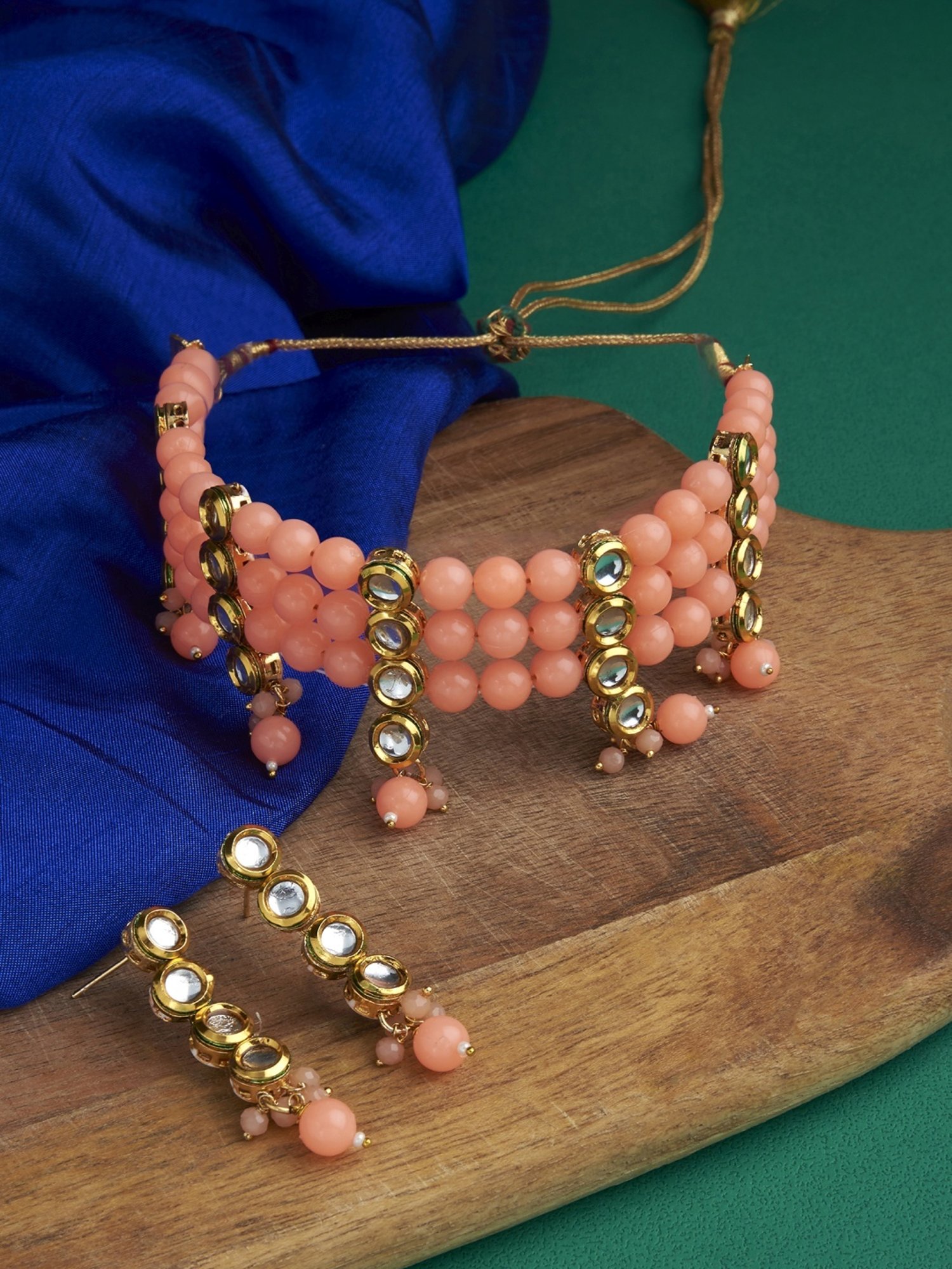 Zaveri Pearls Peach Multistrand Beaded Kundan Necklace & Earring Set