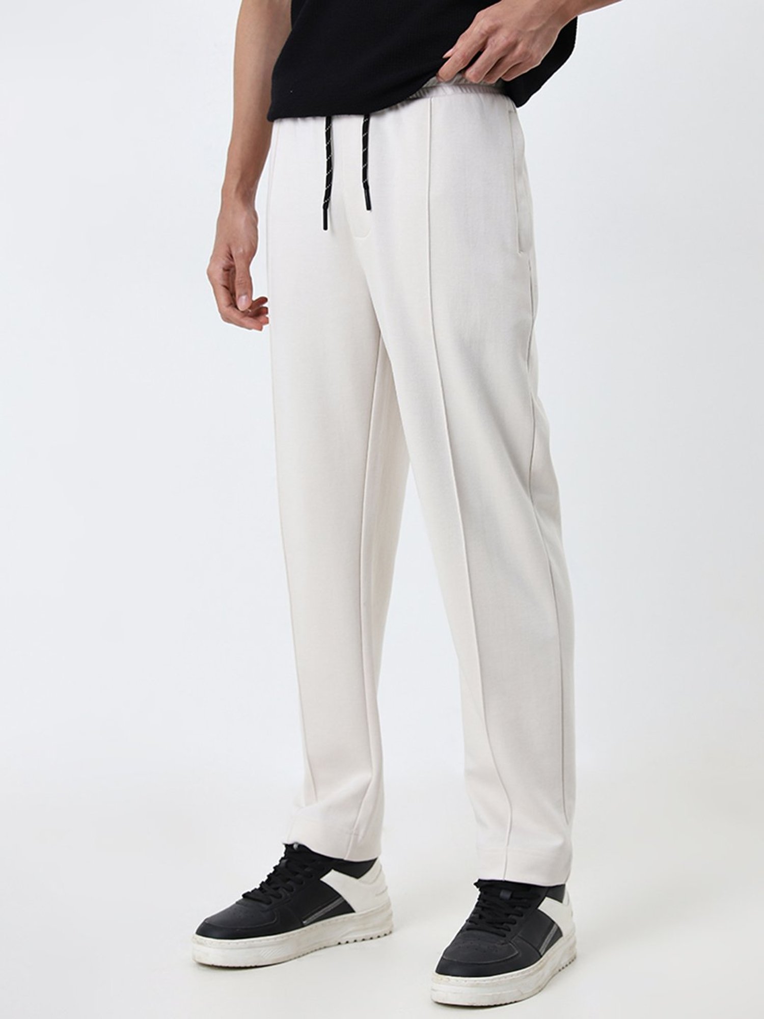 Studiofit by Westside Off-White Solid Relaxed-Fit Mid-Rise Track Pants