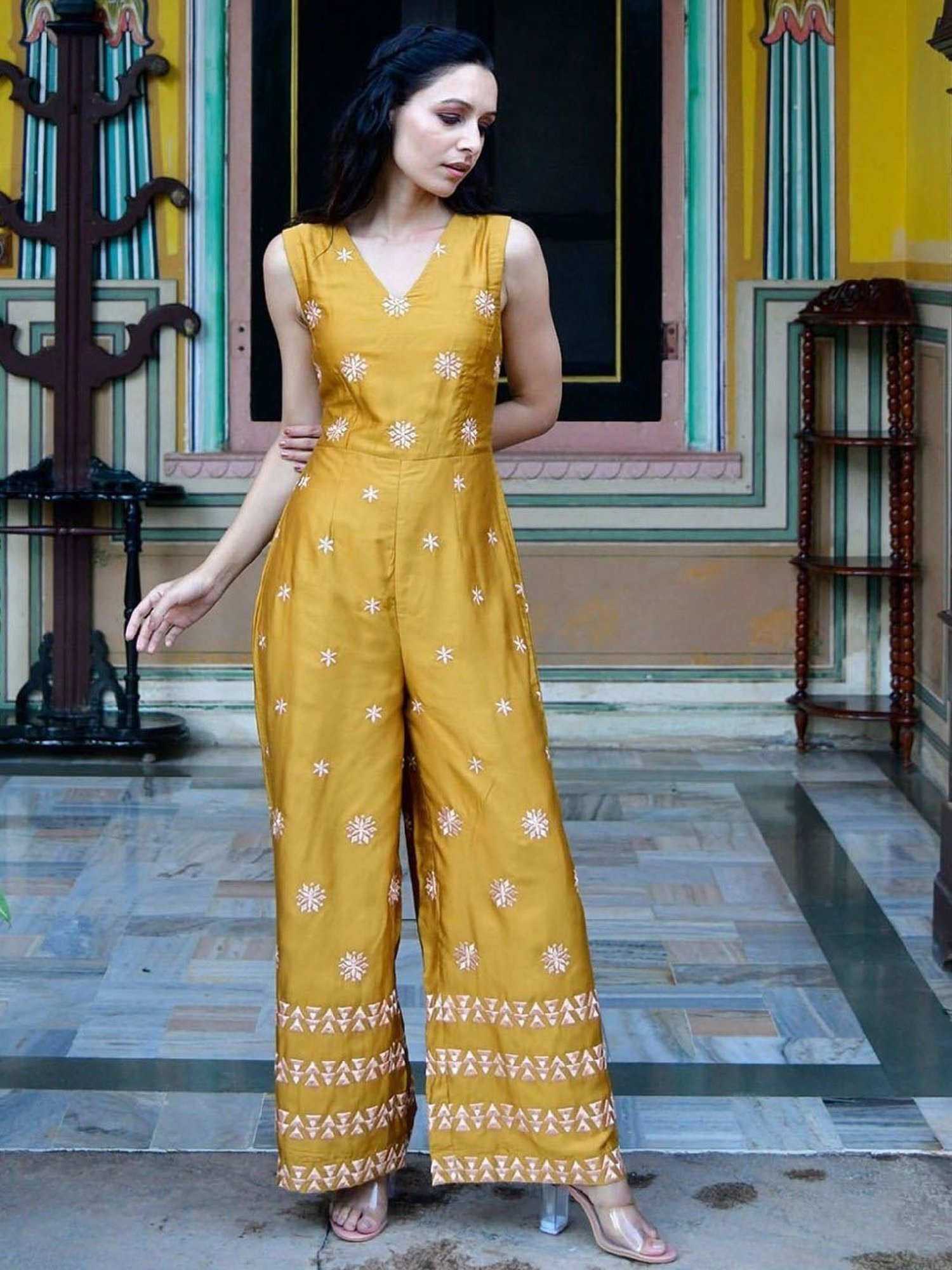 Lirose Mustard Pure Moss Modal Rayon Satin Heavy Embroidered Jumpsuit