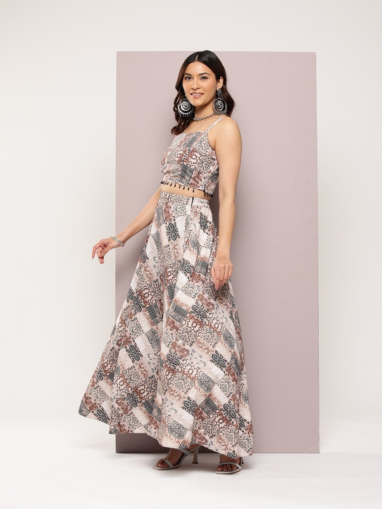 Jompers Brown Printed Lehenga Choli Set With Dupatta