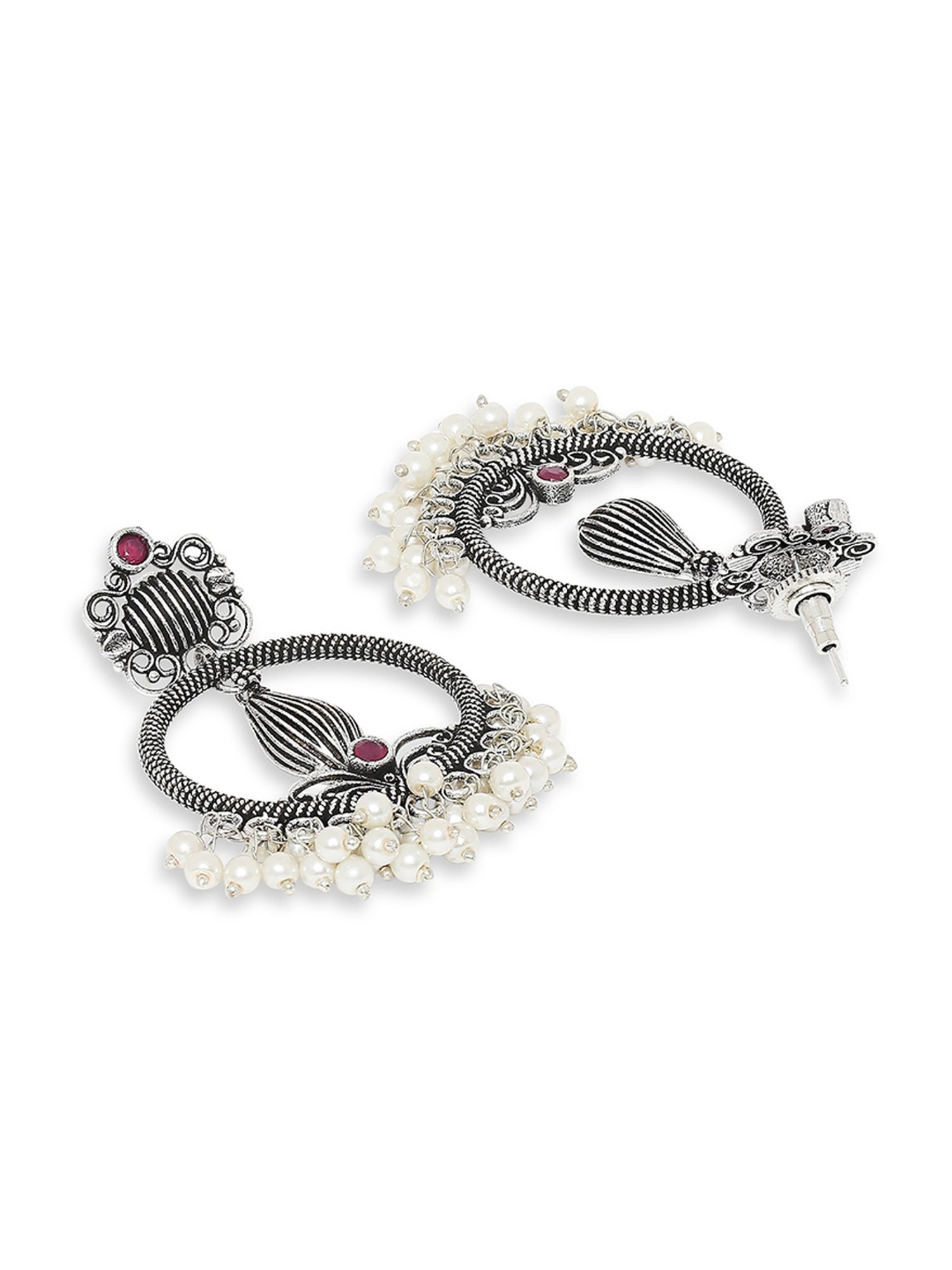 OOMPH Jewellery Oxidized Silver Look Alike Maroon Stone Round Floral Ethnic Dangler