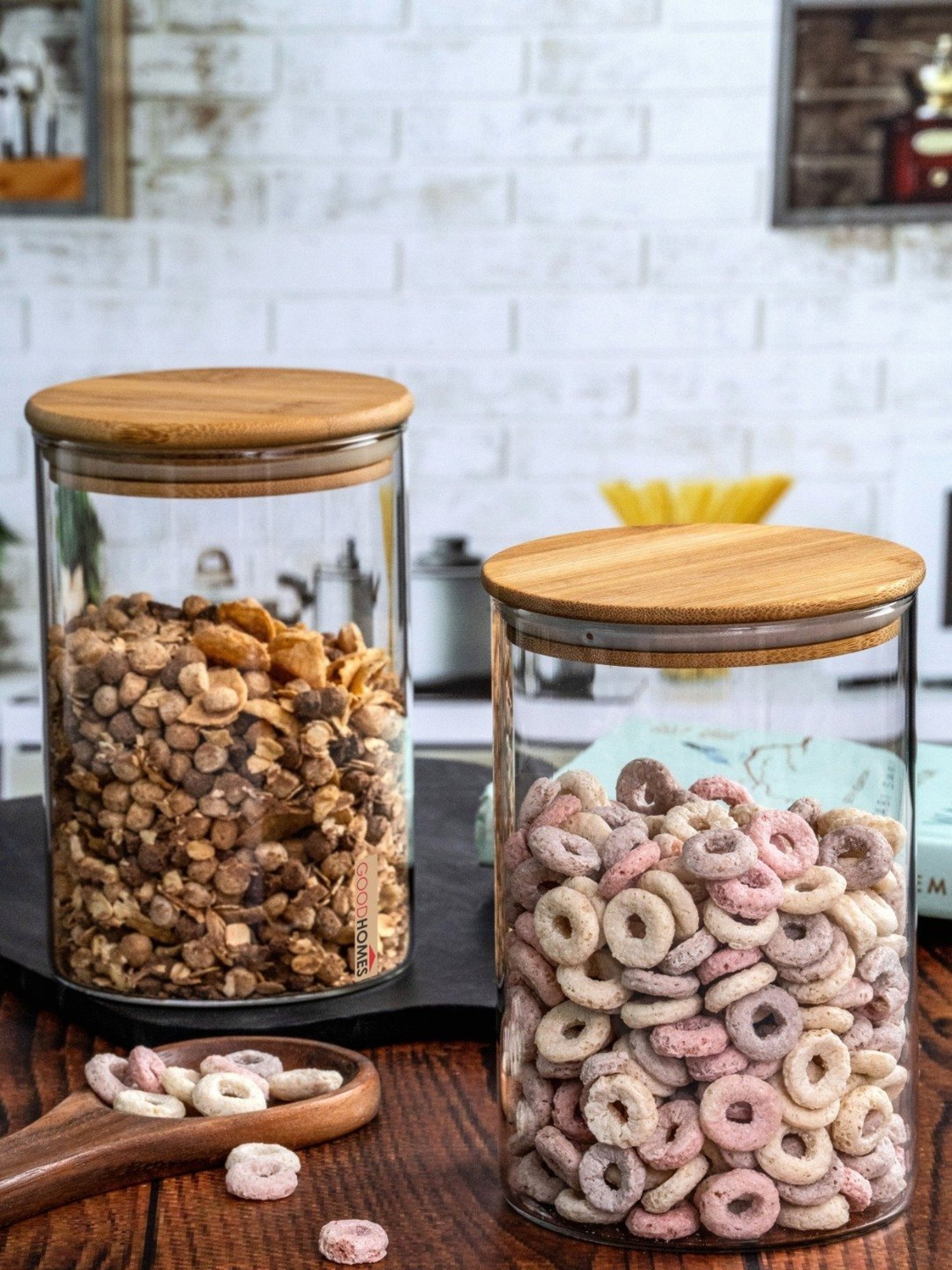 Goodhomes Transparent Glass Storage Jar with Wooden Lid - Set of 2