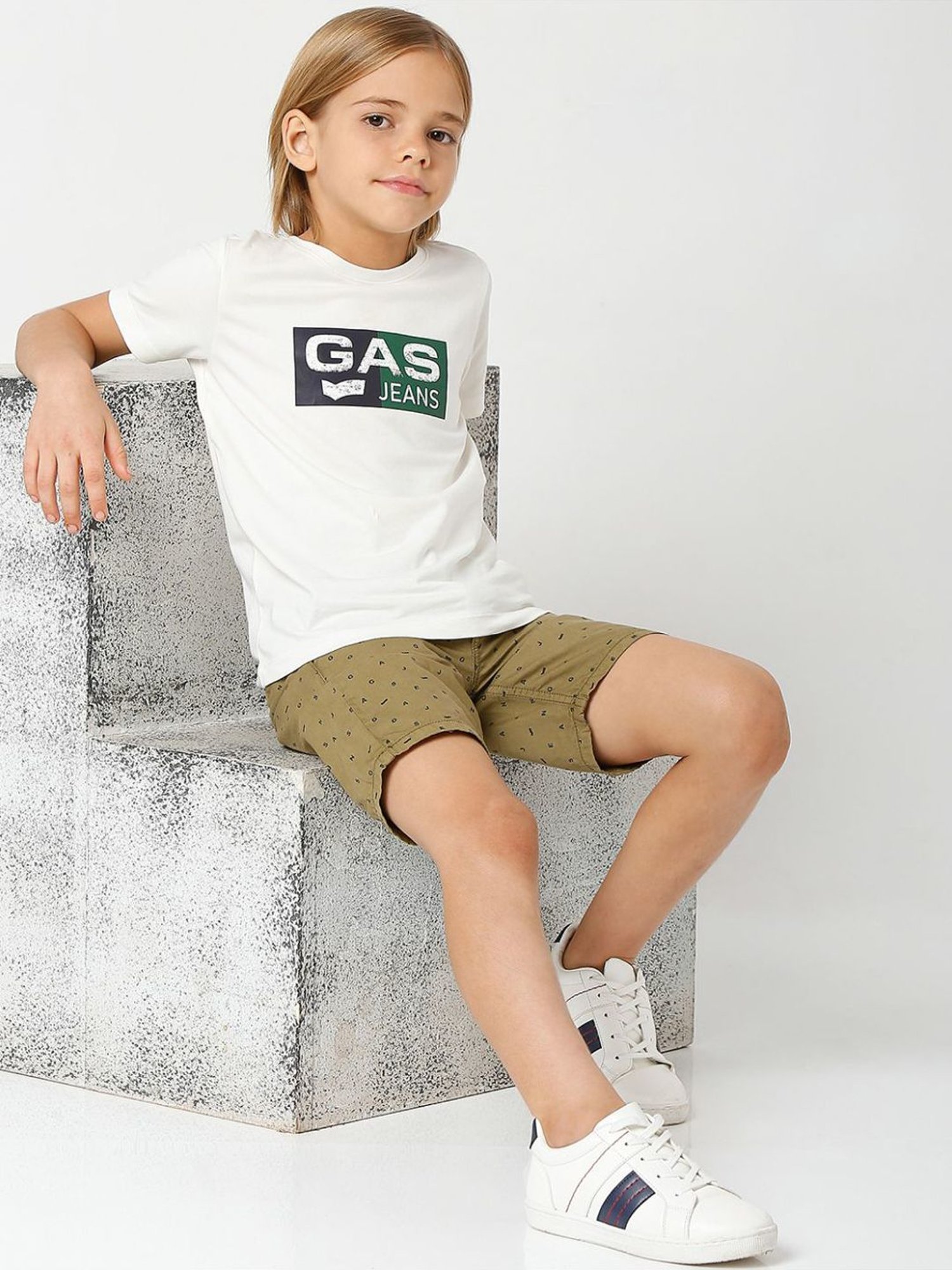 Gas Kids Olive Green Cotton Printed Shorts