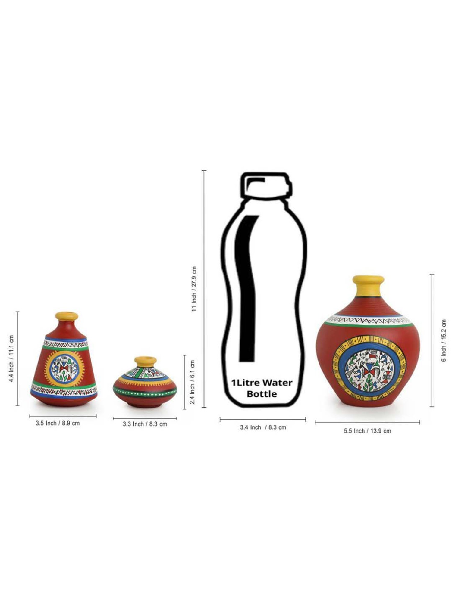 ExclusiveLane 'Warli Red Matkis' Hand-Painted Vases Combo In Terracotta (Set of 3)