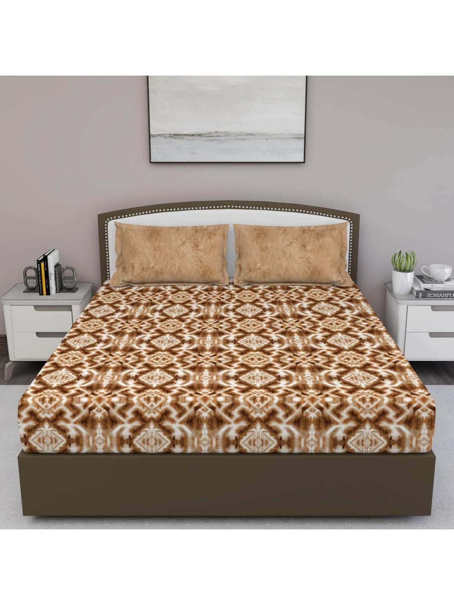 GM 'Serene' Beige Cotton 210 TC Double Bedsheet with 2 Pillow Covers