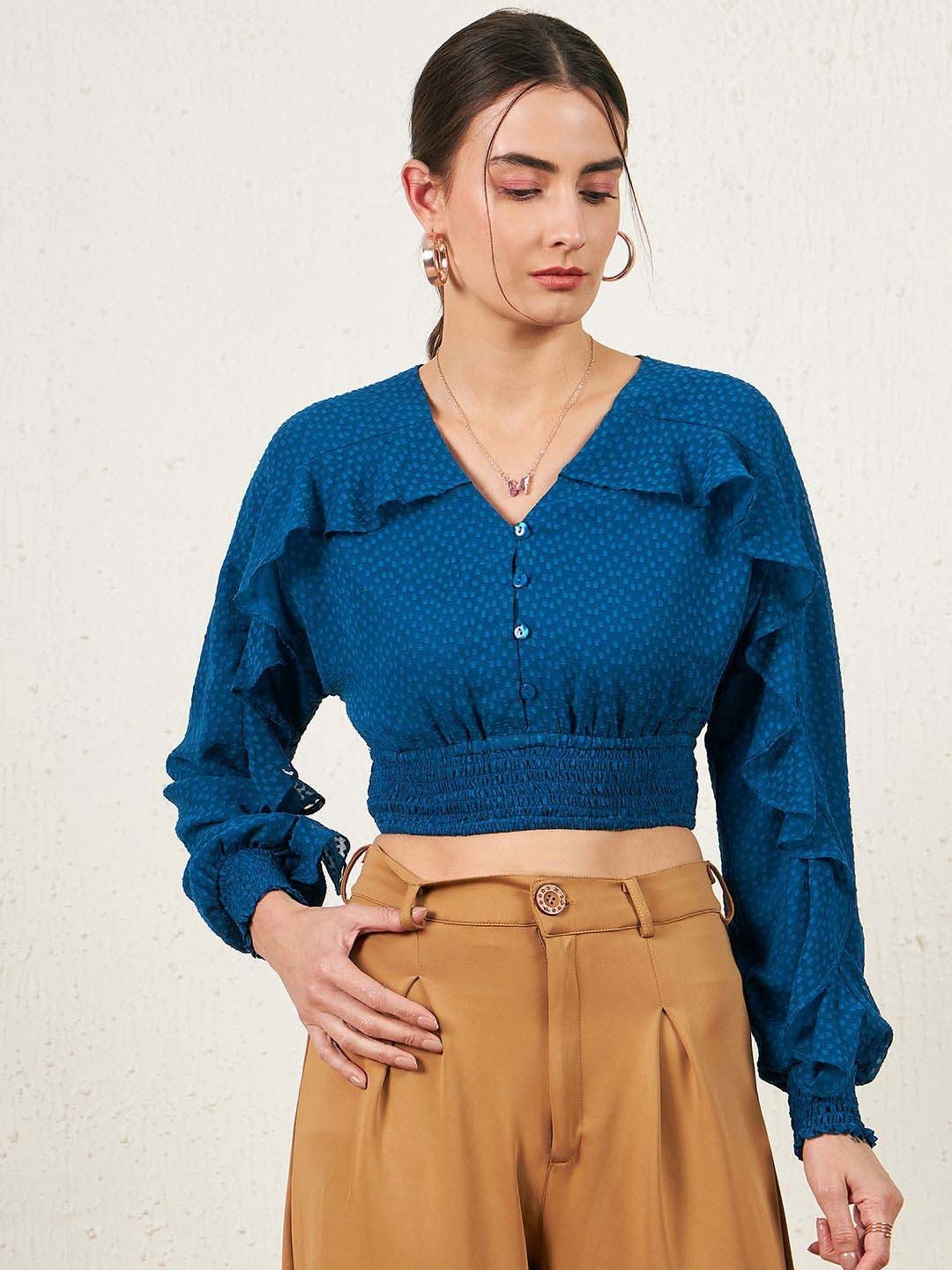 Rare Blue Self Pattern Crop Top