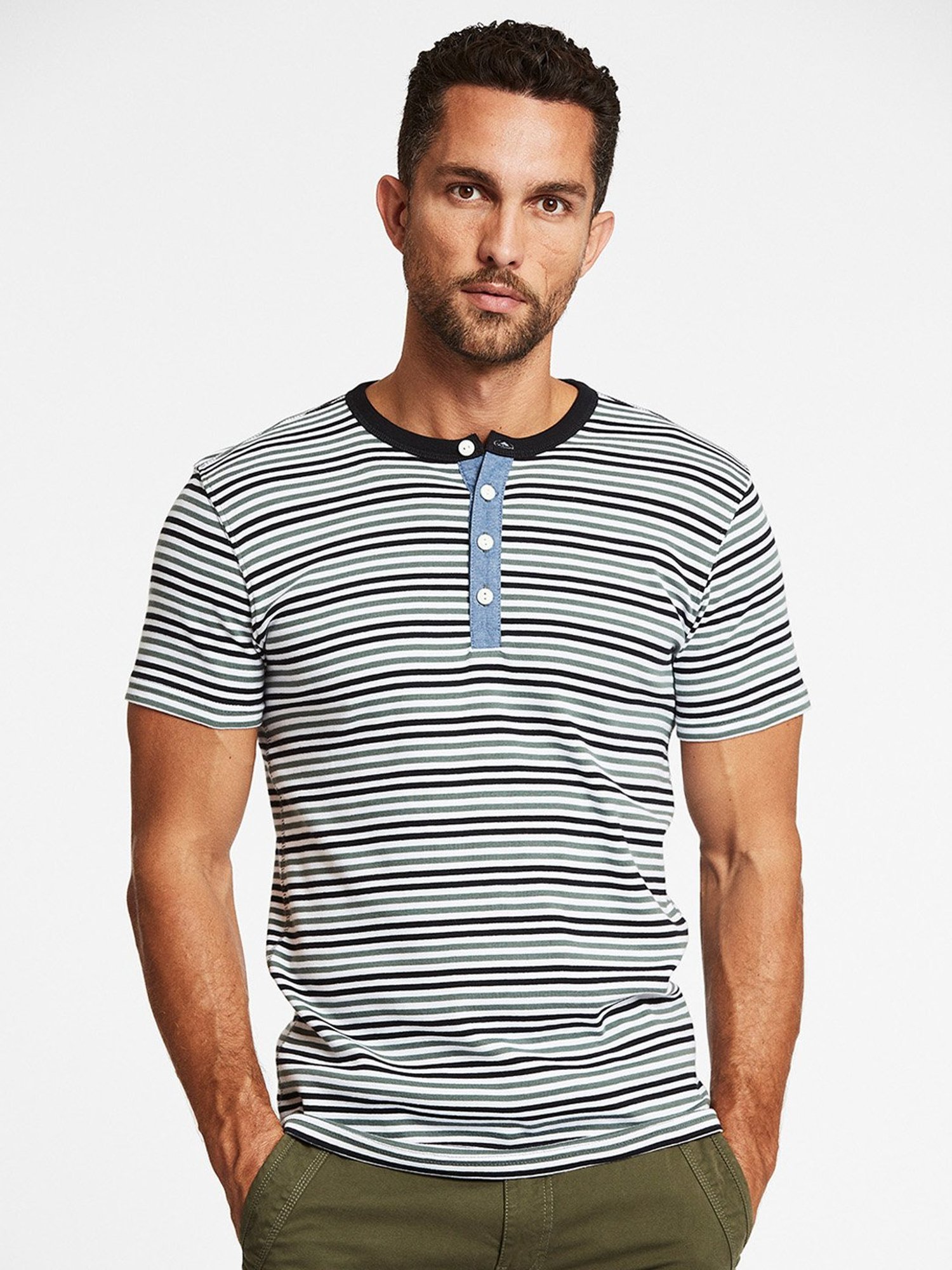 Lindbergh Green & White Striped Henley T-Shirt