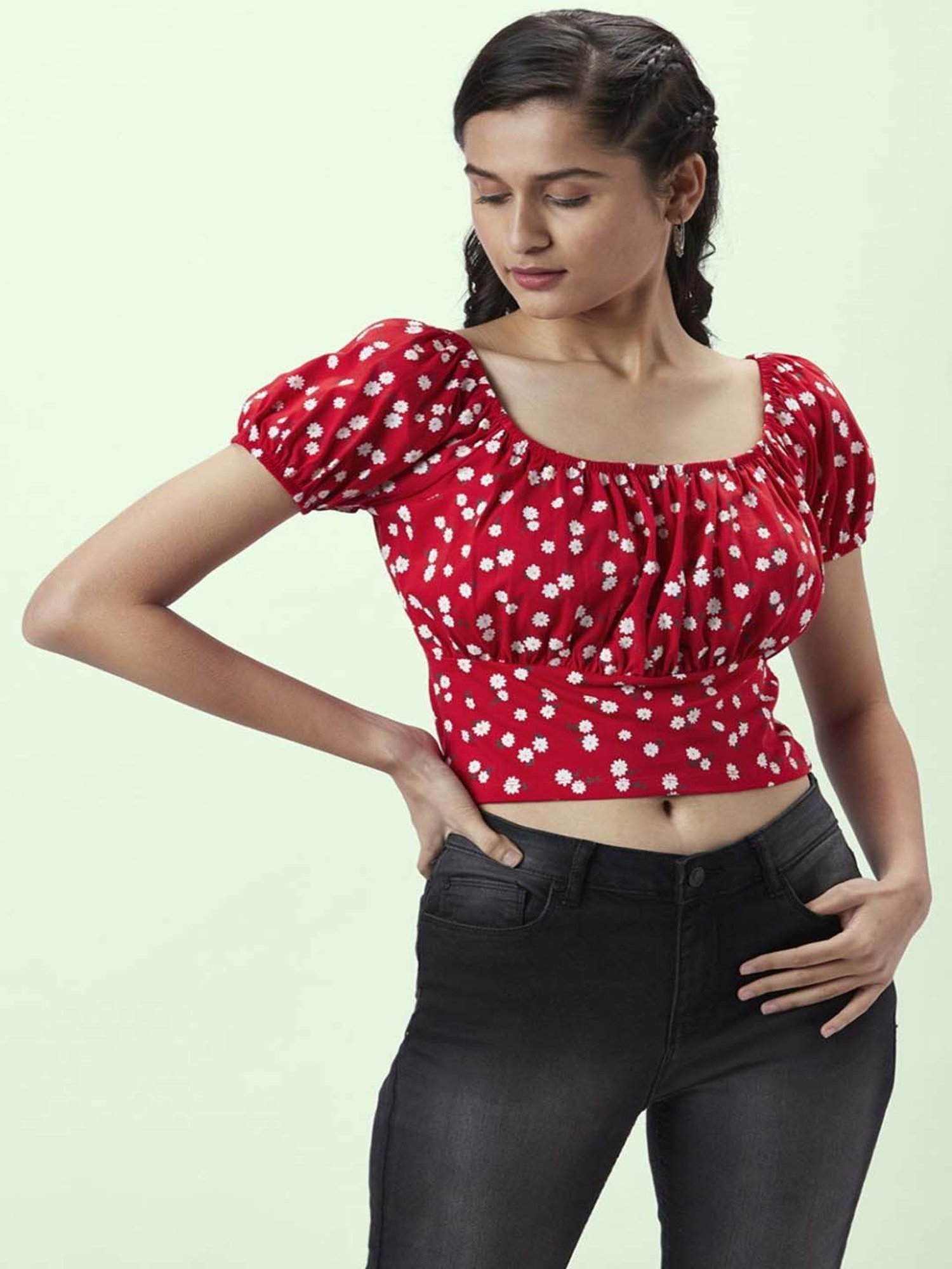 People by Pantaloons Red Cotton Floral Print Crop Top