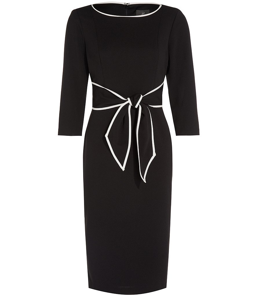Adrianna Papell Contrast Trim Tie Waist Crepe Midi Dress