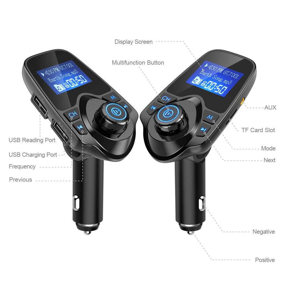 Nulaxy Bluetooth Car FM Transmitter Audio Adapter Receiver Wireless Handsfree Voltmeter Car Kit TF Card AUX USB 1.44 Display - KM19 Black