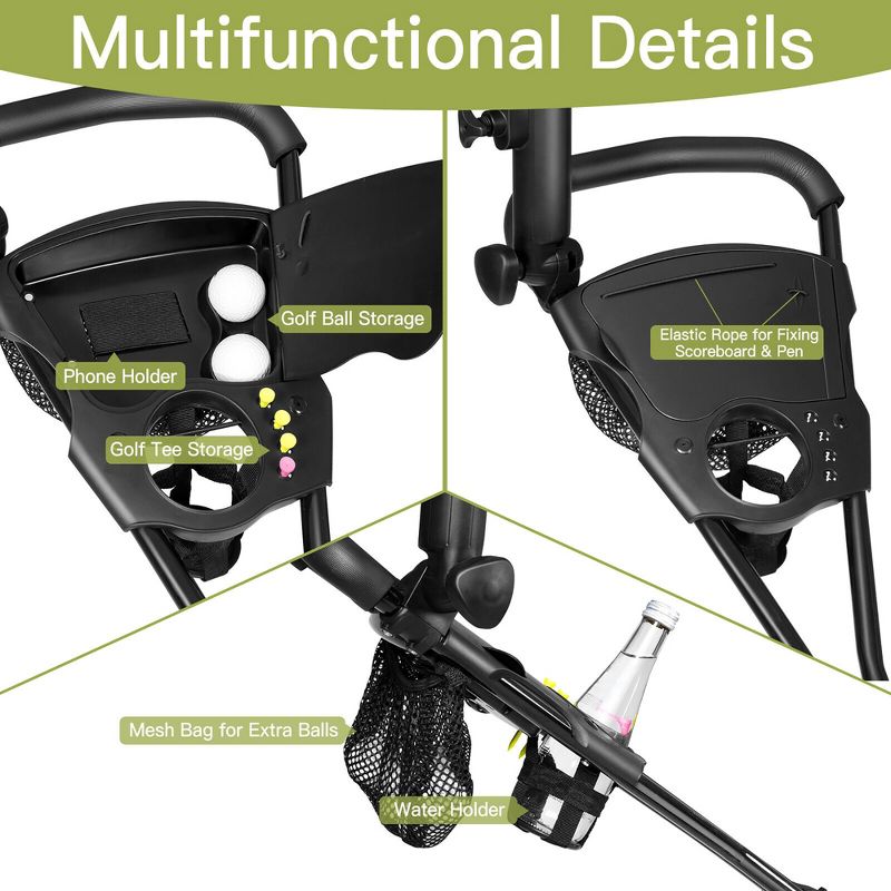 Costway Foldable 3 Wheel Golf Pull Push Cart Trolley Scorecard Drink Holder Mesh Bag