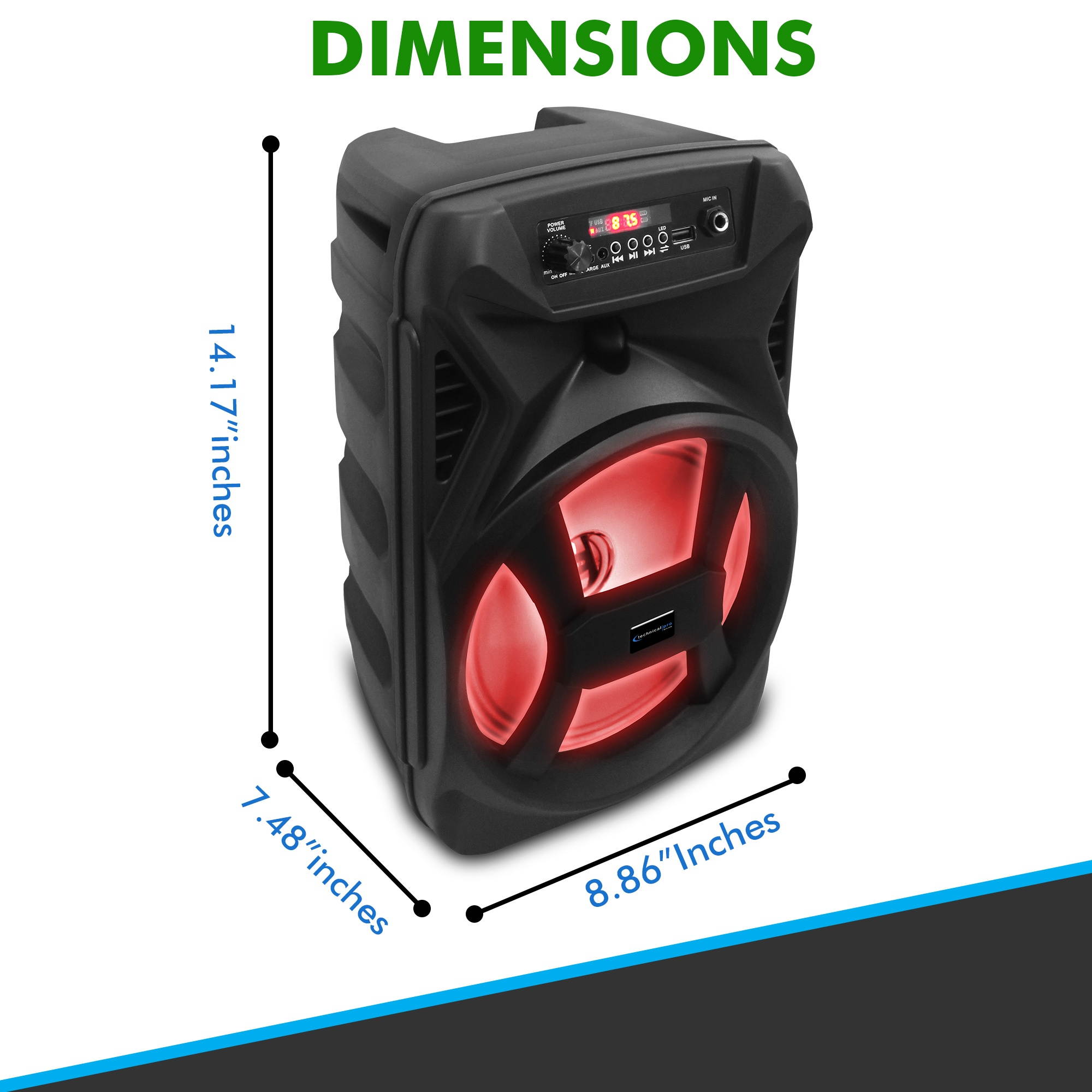 Technical Pro 8 Inch 500 Watts Portable Bluetooth Speaker with Woofer & Tweeter, Festival PA LED Speaker with Bluetooth/USB Card Inputs, True Wireless Stereo, 30 Feet Bluetooth Range