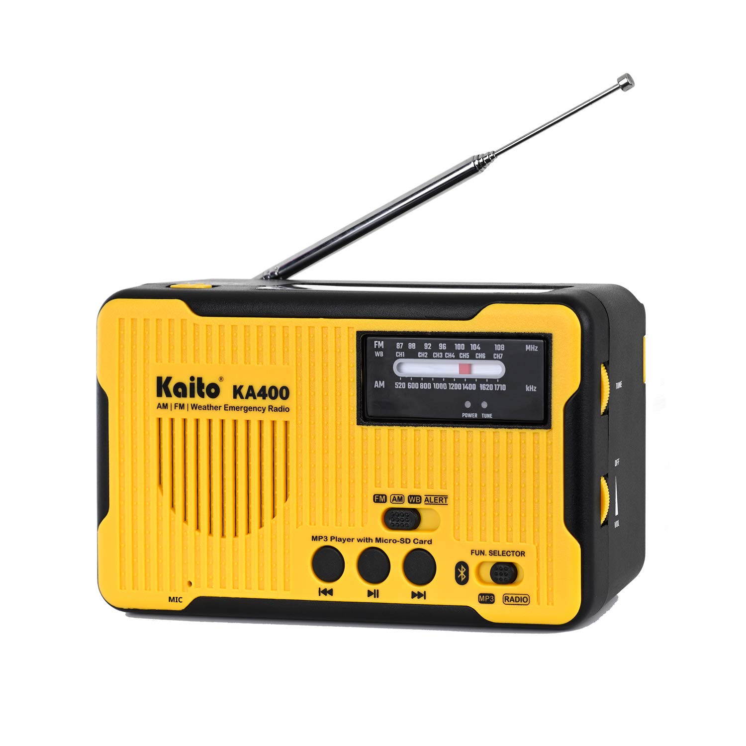 Kaito Voyager Scout Emergency Radio KA400 AM/FM NOAA Weather Alert 5-Way Powered Solar Crank Radio Receiver with Bluetooth, MP3 Player, LED Flashlight and USB Mobile Phone Charger