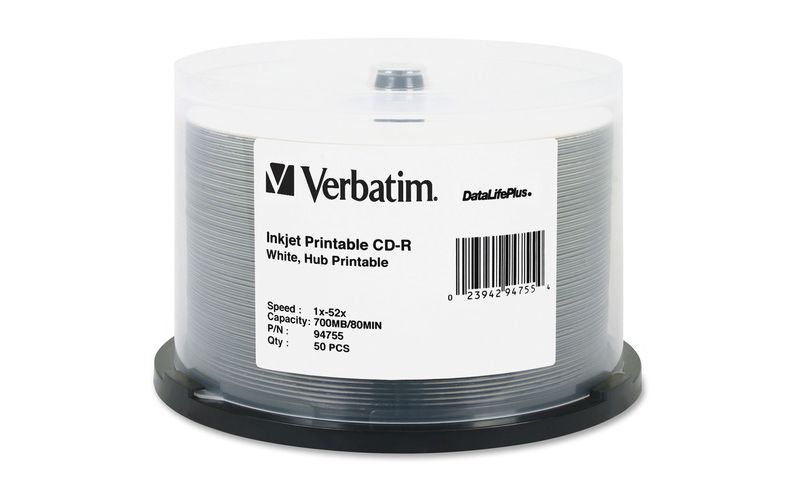 Verbatim CD-R 700MB 52X DataLifePlus White Inkjet Printable, Hub Printable - 50pk Spindle - Printable - Inkjet Printable
