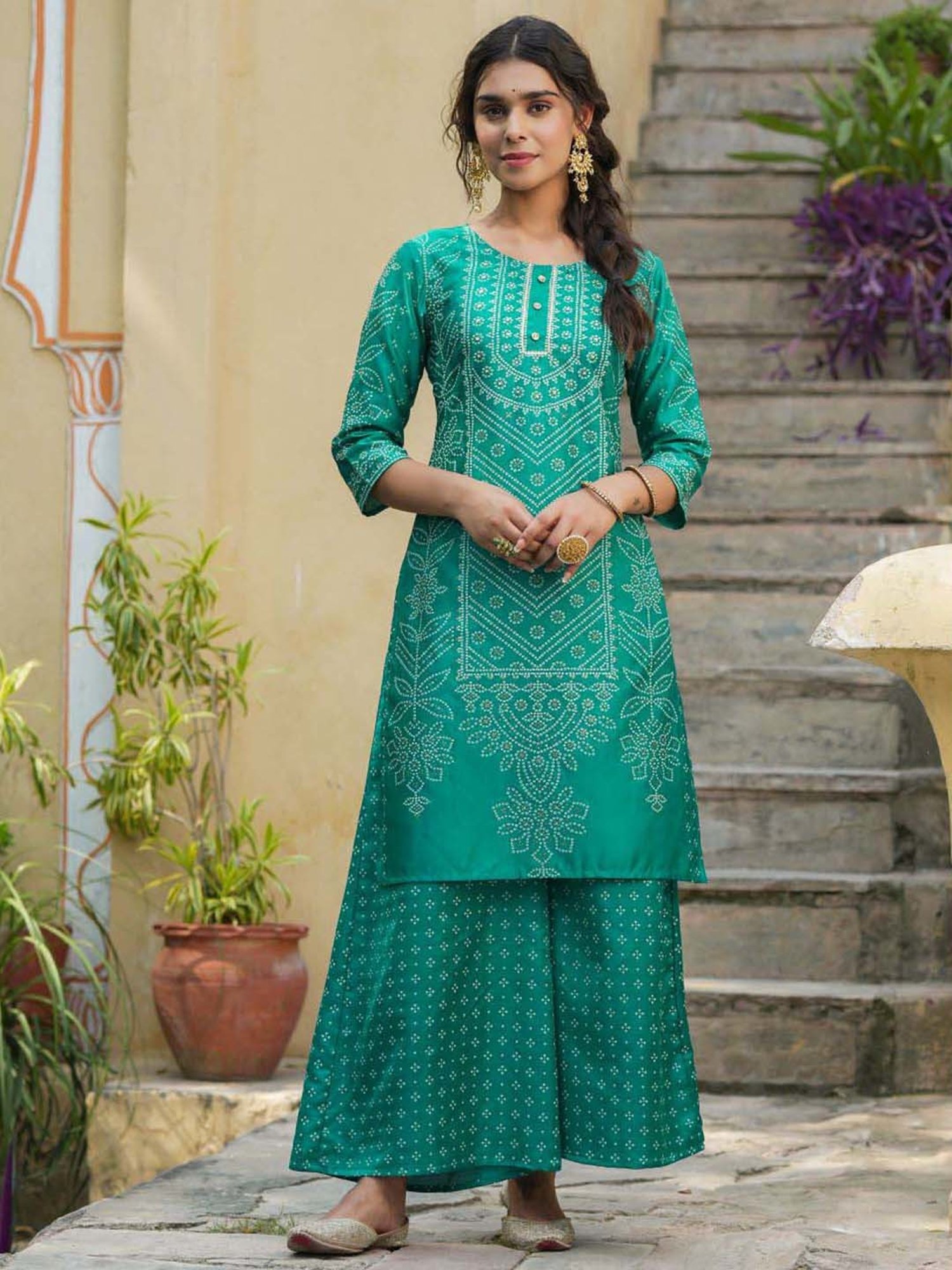 Juniper Teal Bandhani Printed Shantoon Kurta Palazzo & Net Dupatta Set with Lace & Beads Work