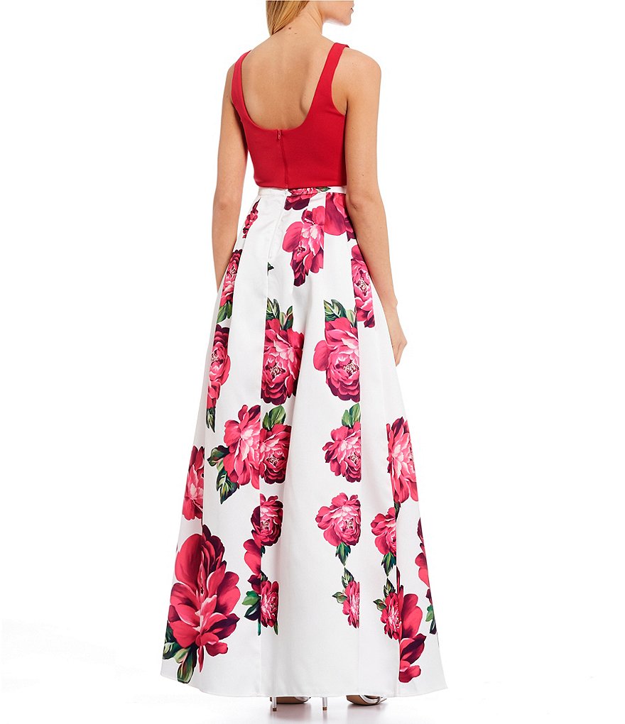 Sequin Hearts Square Neck Top with Floral Print Skirt Two-Piece Ball Gown