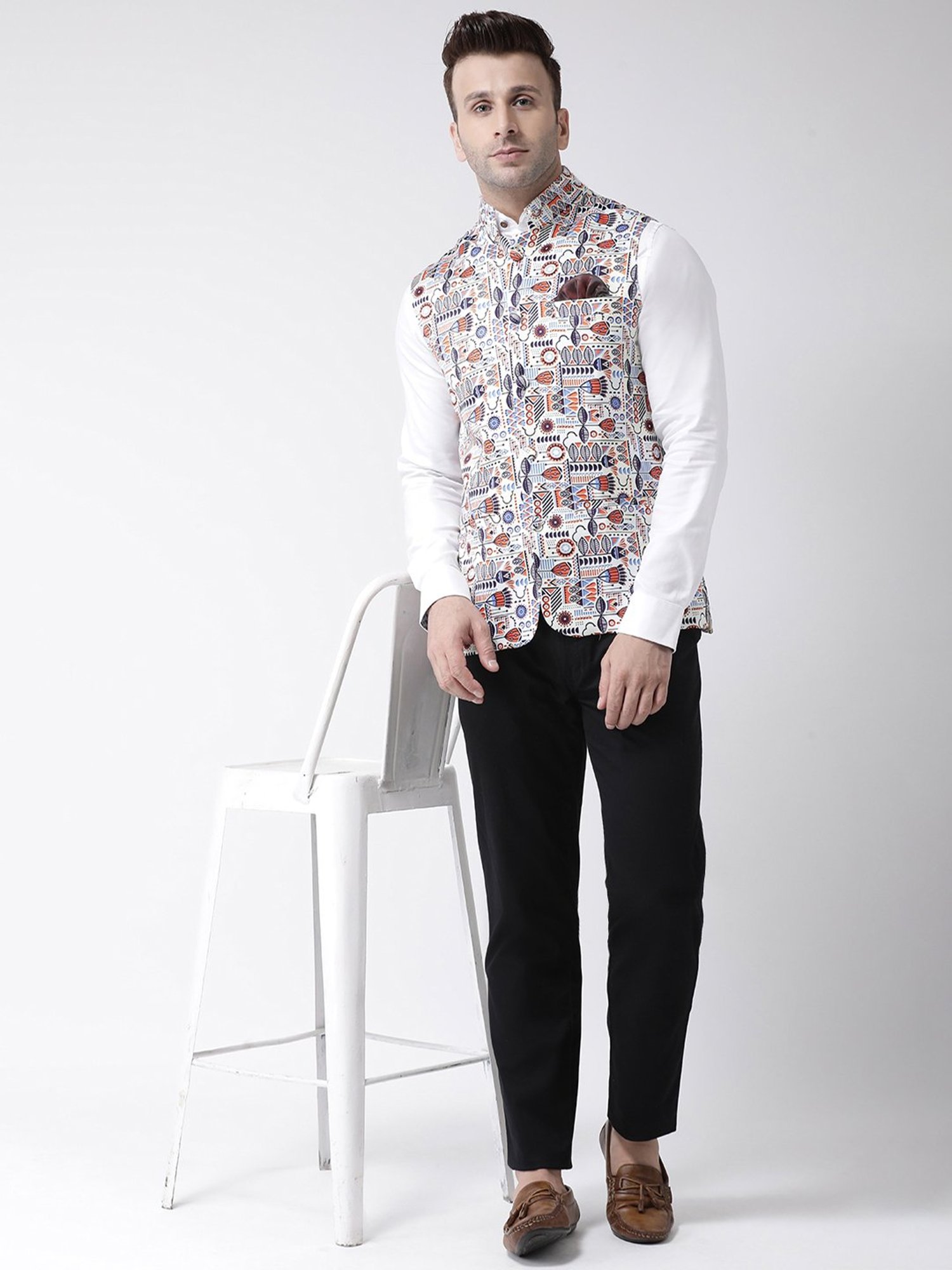 Hangup Plus White Regular Fit Printed Nehru Jacket