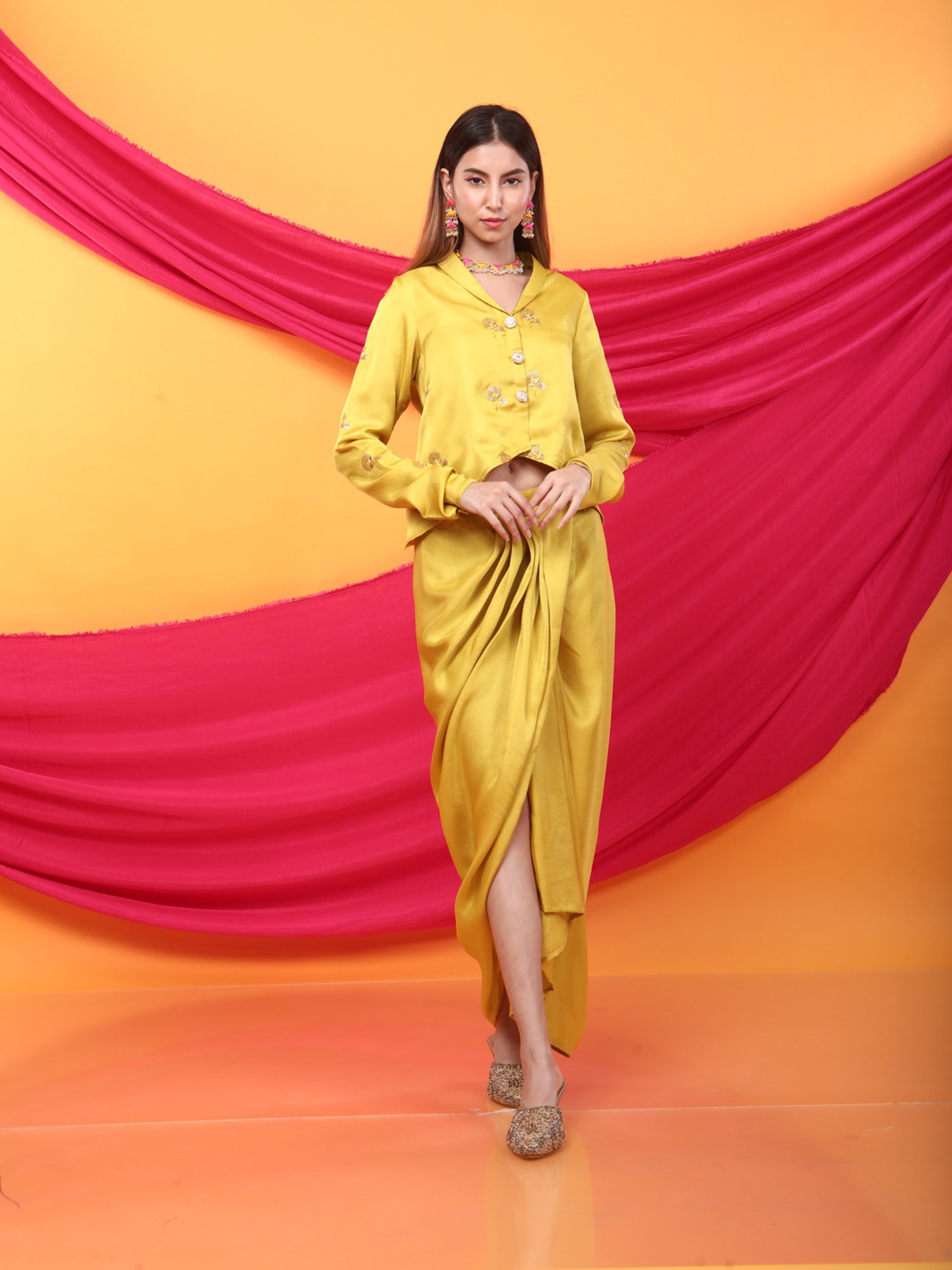 Monk & Mei Gulabo Dhoti and Jacket Co-ordSet-Canary Yellow