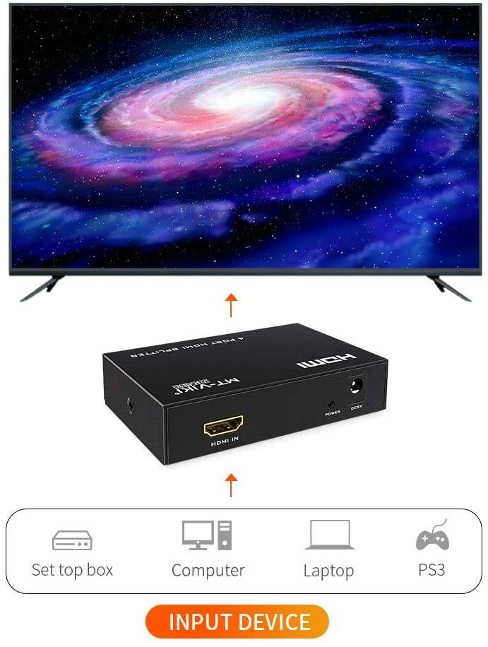 1x4 HDMI Splitter 1 in 4 Out 4 Ports, SP104 4Kx2K@30Hz 3D Full HD 1080P Distributor for PS4 PS3 Fire Stick TV HDTV DVD Computer Monitor