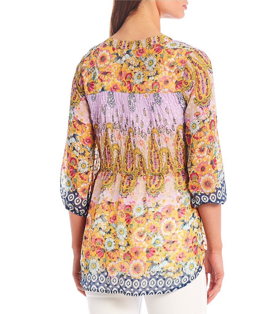 Figueroa & Flower Lovelyn Floral Mixed Print Smocked Yoke Button Front 3/4 Sleeve Blouse