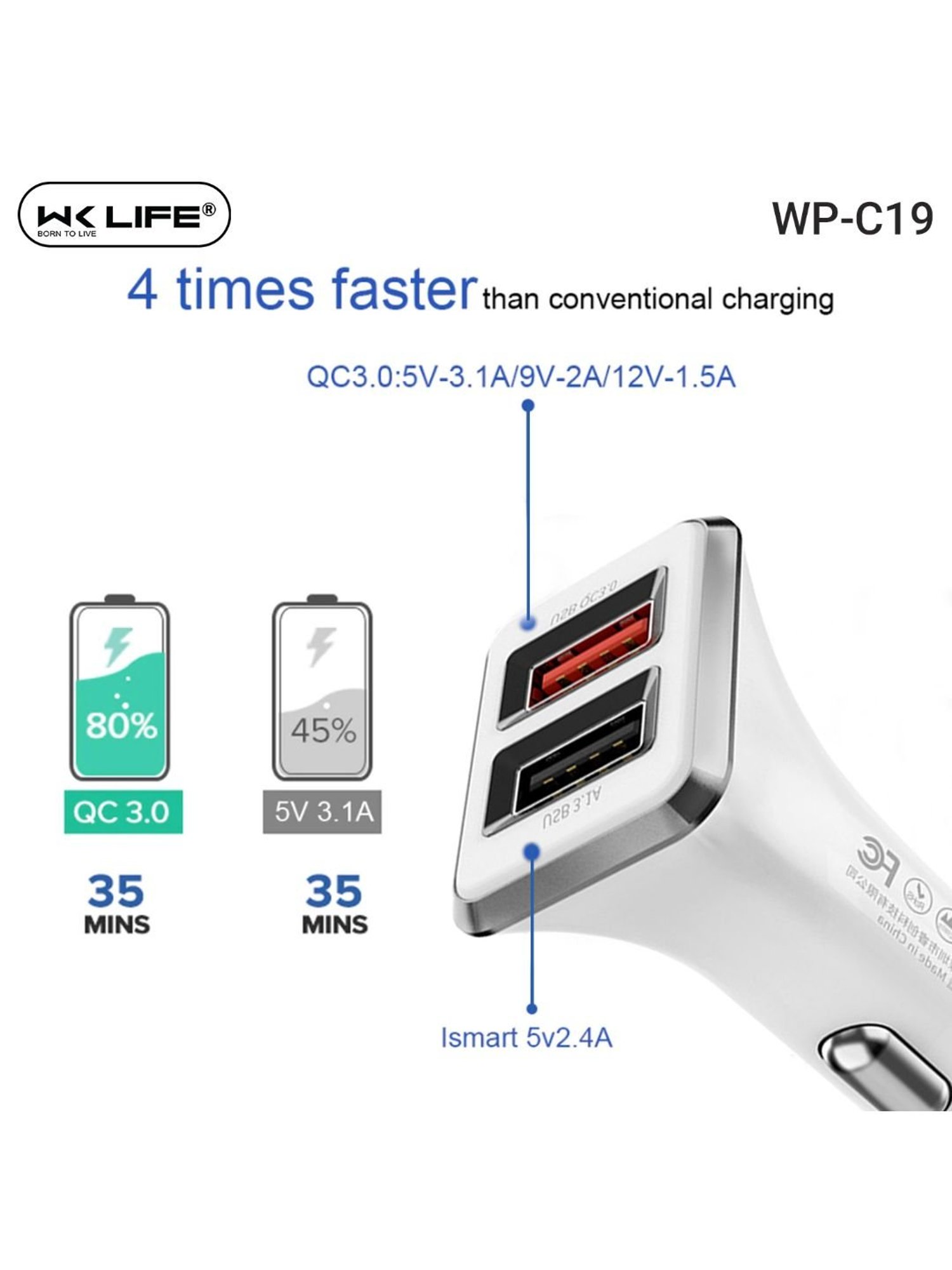 Wk Life WP C19 USB Car Charger for Apple & Android Devices (White)
