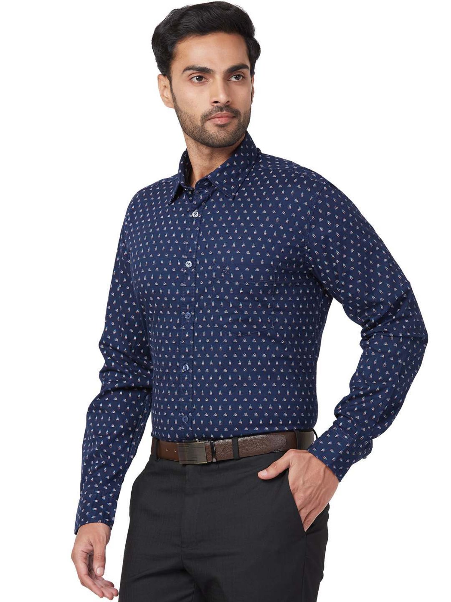 Parx Blue Cotton Slim Fit Printed Shirt
