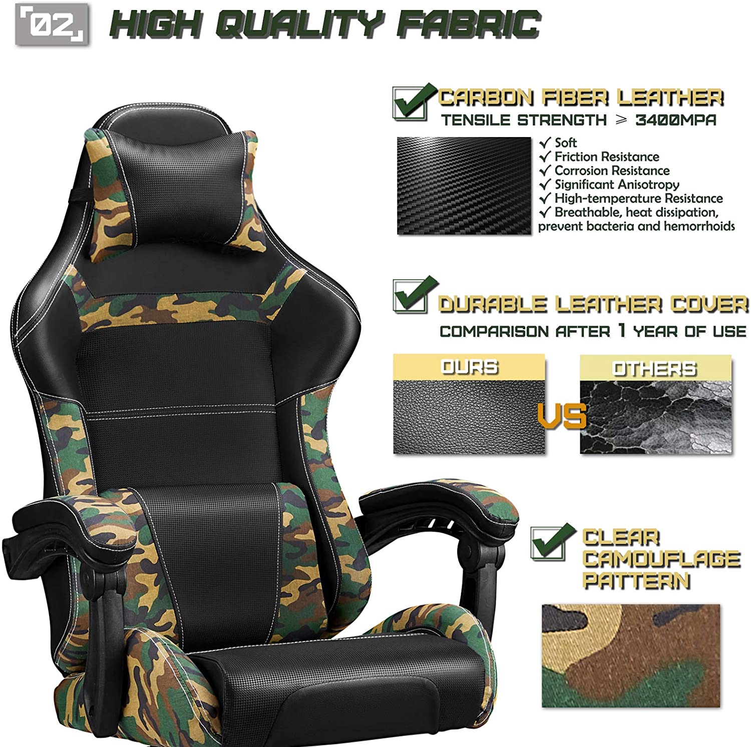 Gaming Chair Camo PC Video Game Chairs Camouflage Office Computer Chair Tall Back with Carbon Fiber Leather Comfortable Adjustable Armrest Headrest and Lumbar Support for Adults/Men/Teens/Kids/Boys