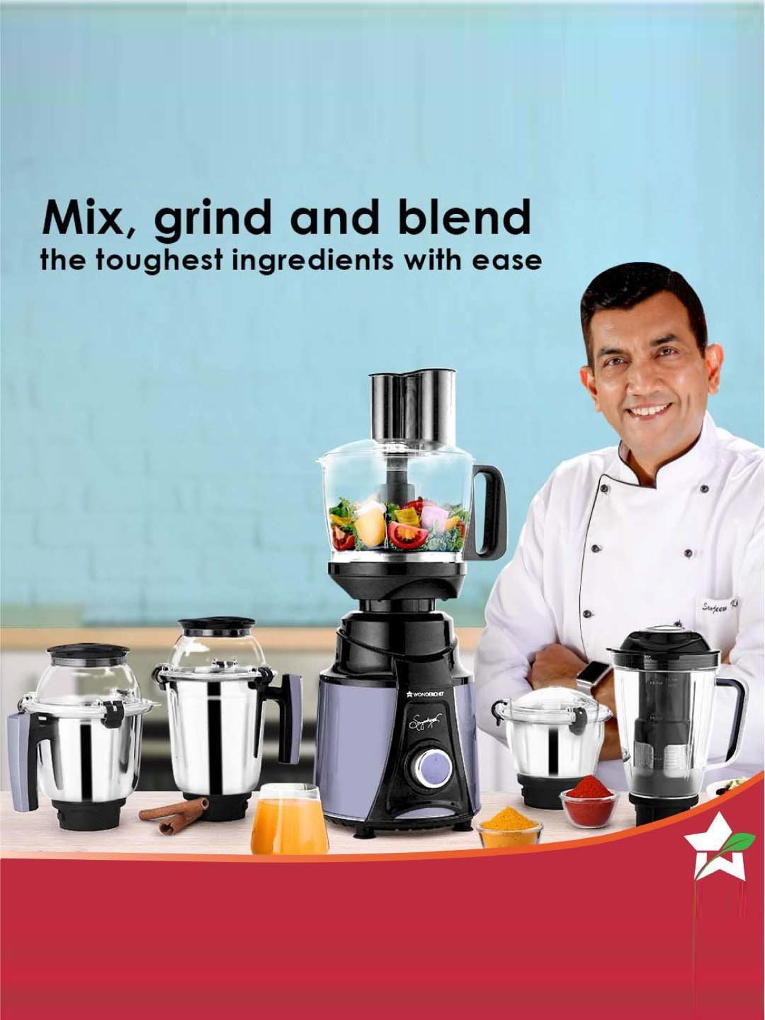 Wonderchef Galaxy Mixer Grinder 750W Copper Motor with 4 SS Jars Black & Grey,5-Year Warranty