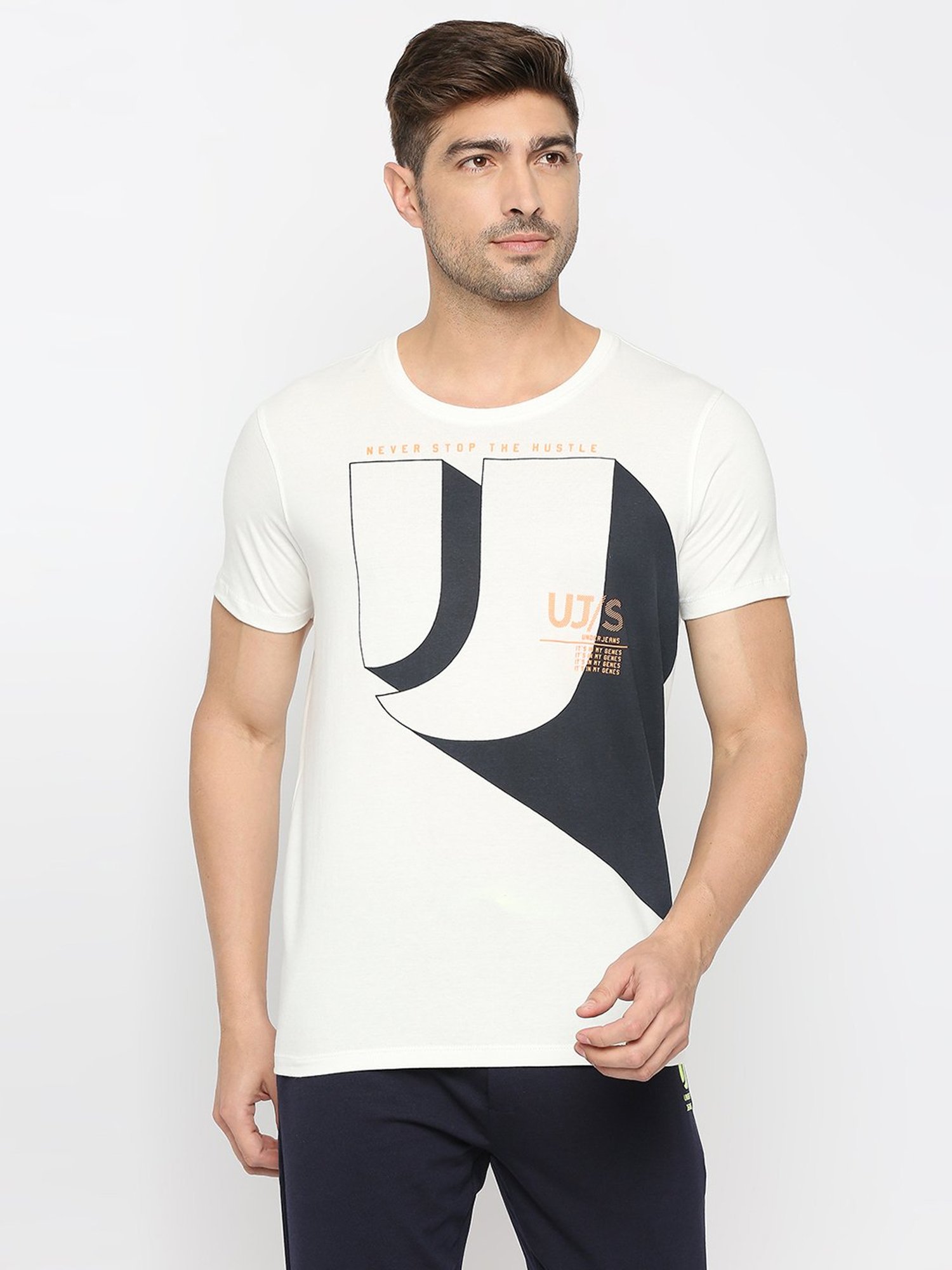 UnderJeans by Spykar White Regular Fit Printed T-Shirt