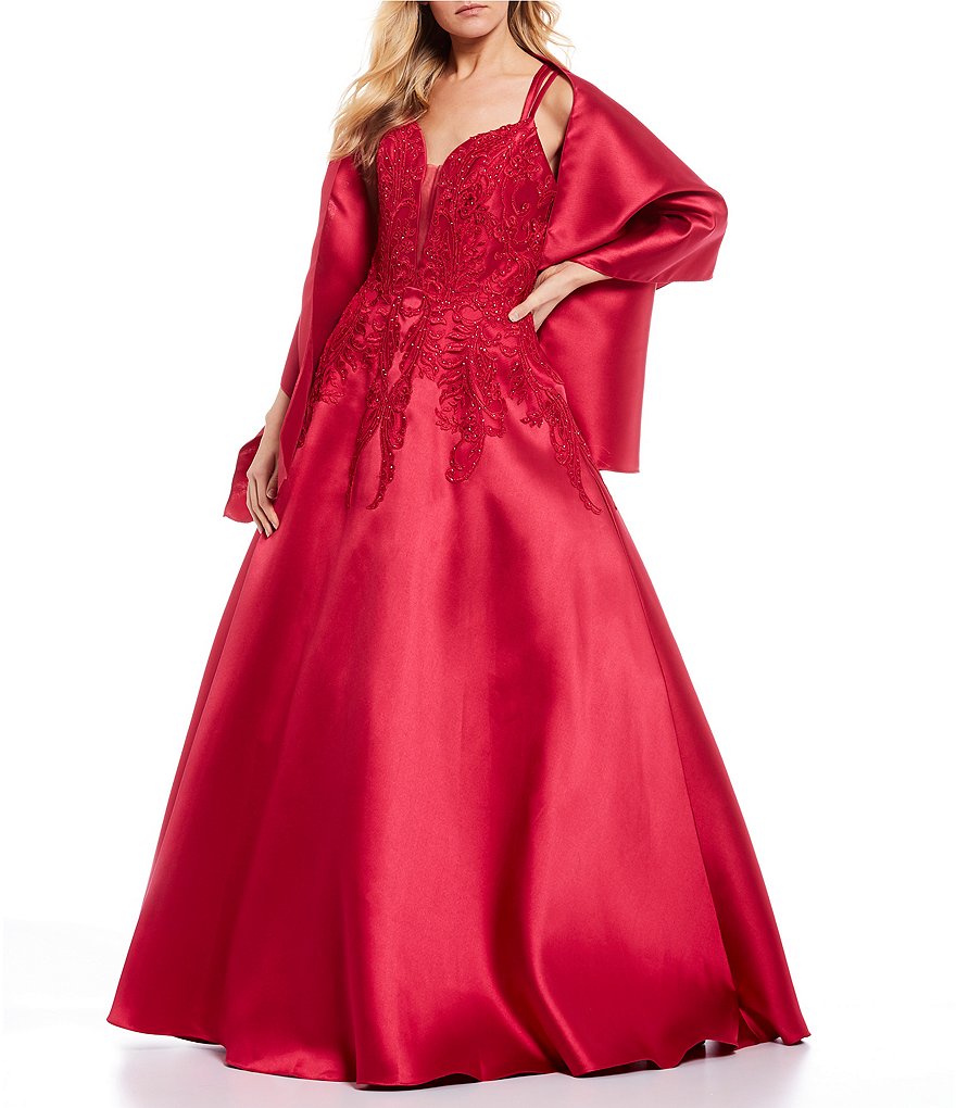 Coya Collection Plunging V-Neck Embroidered Beaded Satin Ball Gown