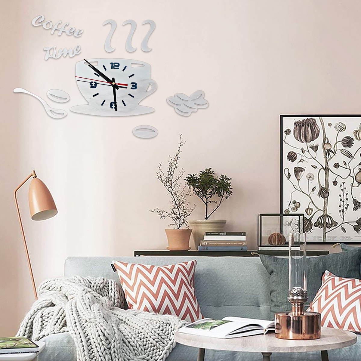 Coffee Cup Pattern Wall Clock Acrylic Clock Creative Wall Sticker Wall Paster Silver