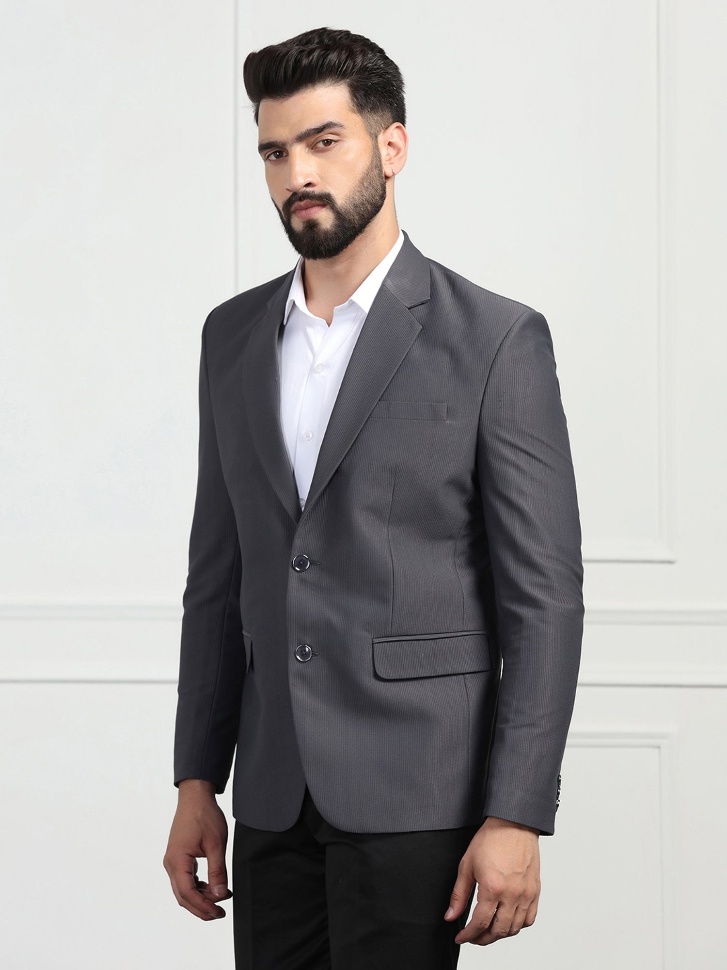 TAHVO Dark Grey Regular Fit Self Design Corduroy Blazer