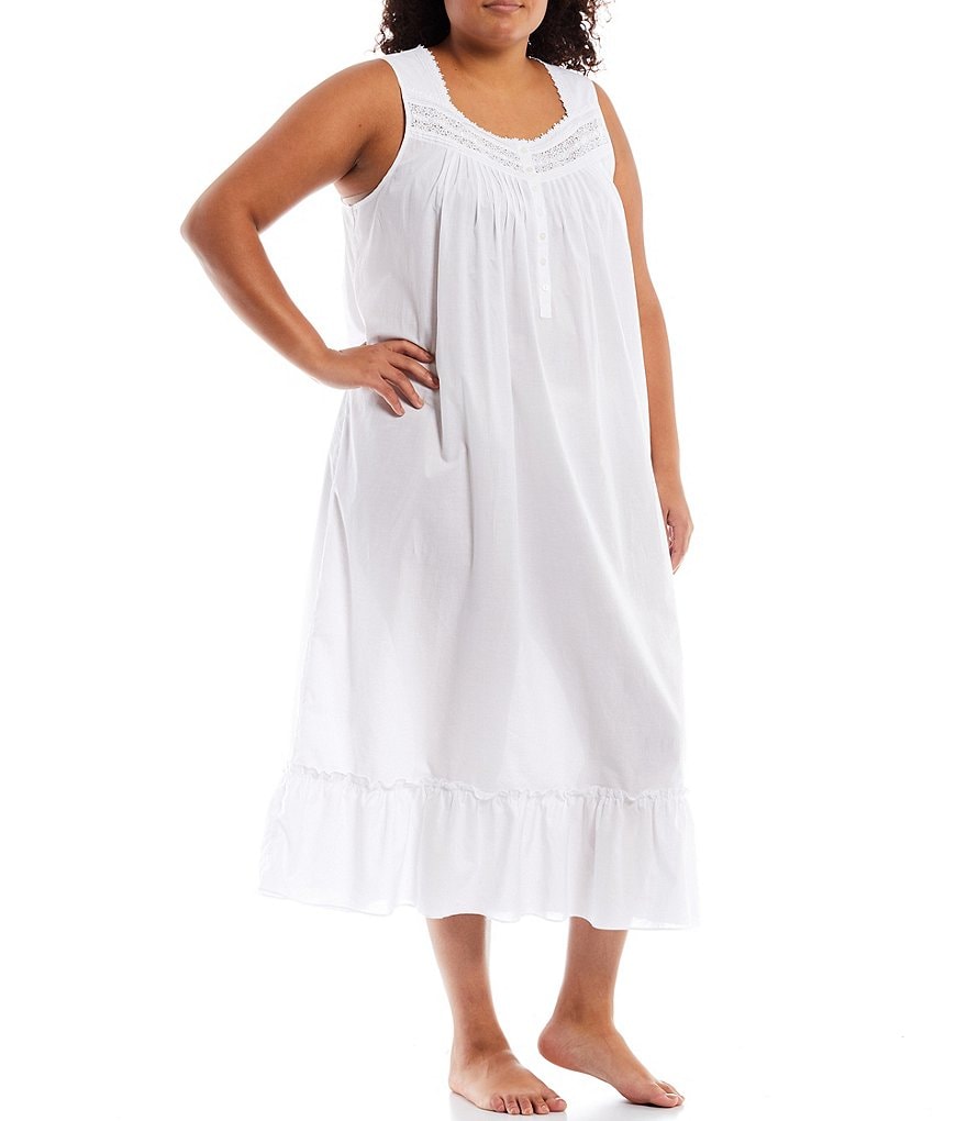 Eileen West Plus Solid Woven Lawn Square Neck Long Balloon Cuff Sleeve Ballet Nightgown
