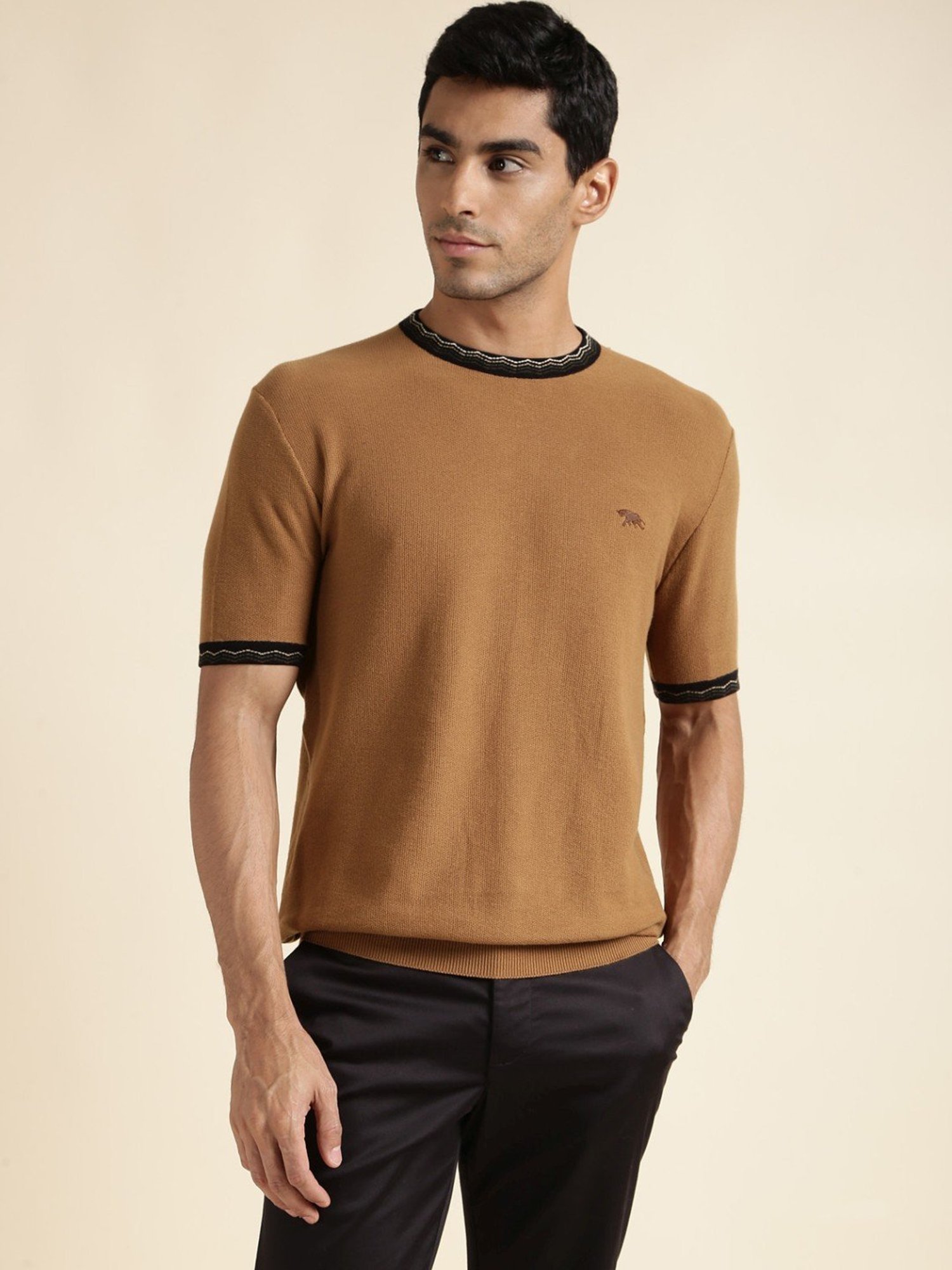 Andamen Brown Regular Fit Self Pattern T-Shirt