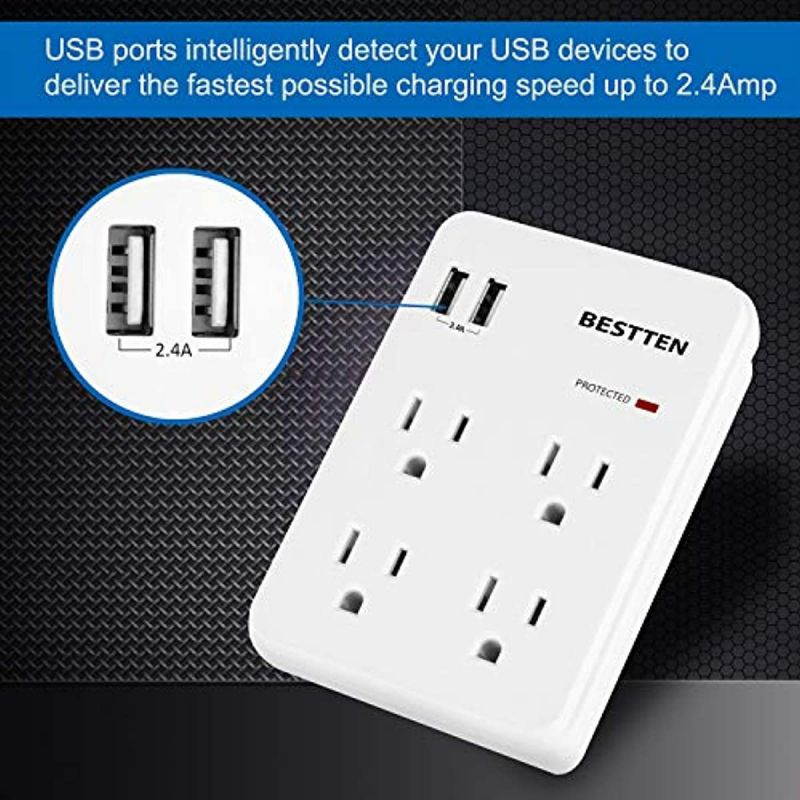 BESTTEN Wall Outlet Surge Protector with 2 USB Charging Ports (5V/2.4A) and 4 AC Outlets, 15A/125V/1875W, ETL Certified, White