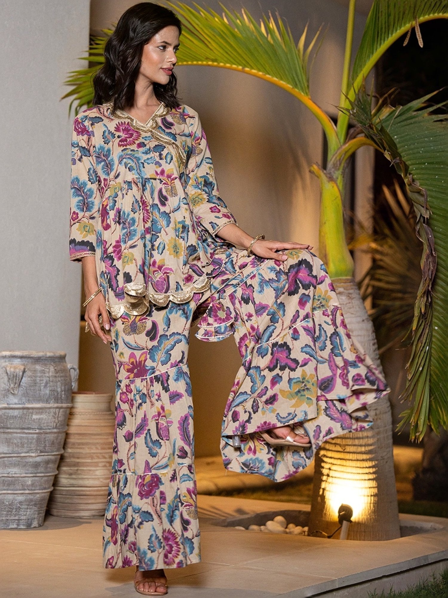 Yufta Beige & Blue Cotton Printed Top Sharara Set