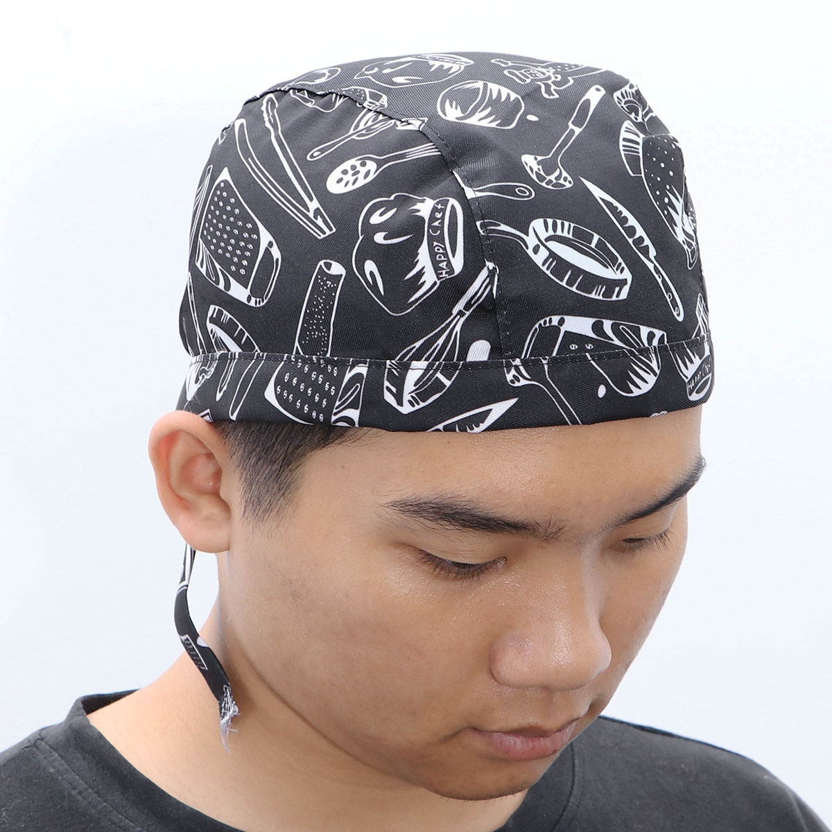 Fashion Cutlery Style Chefs Hat Cap Kitchen Catering Skull Cap Ribbon Cap Turban (Black+White)