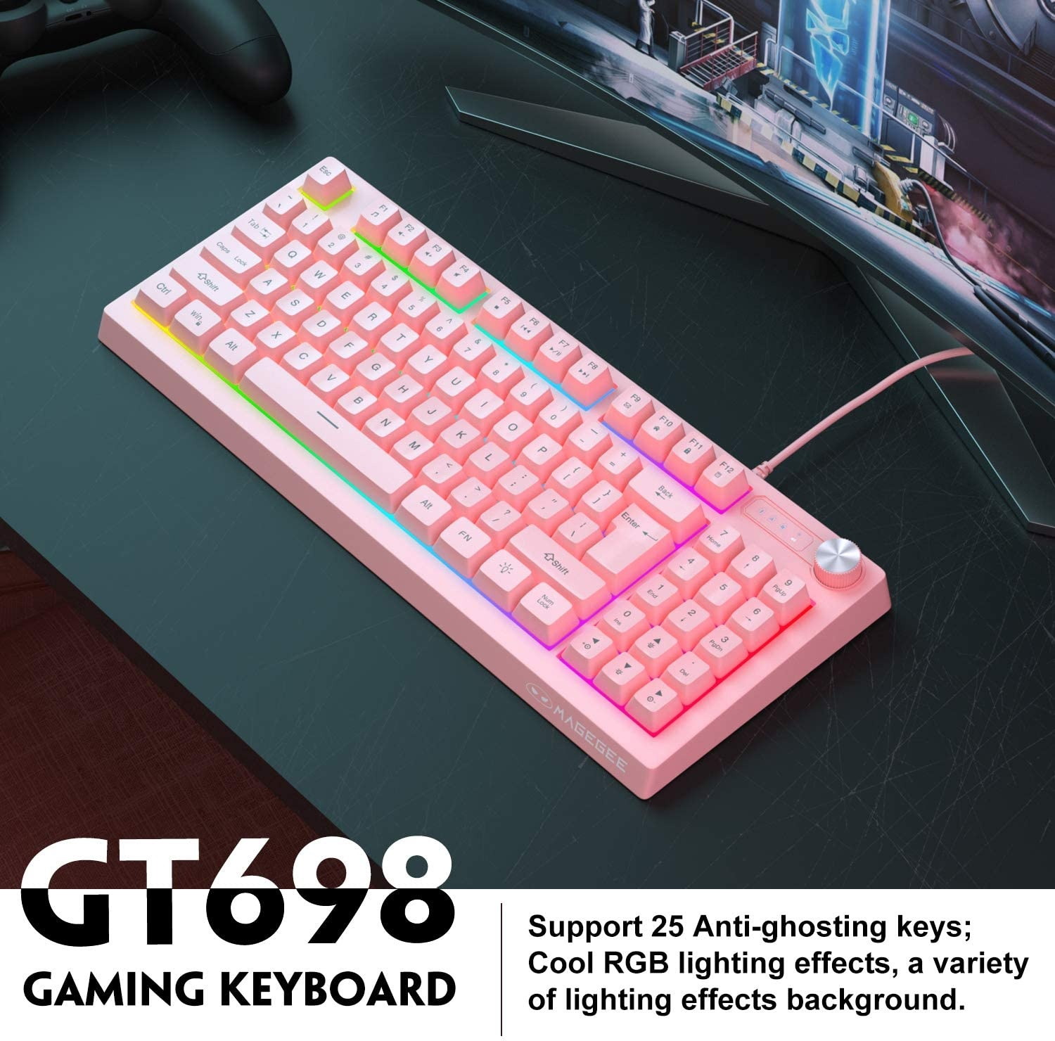 MageGee GT698 TKL Gaming Keyboard 89 Keys RGB Rainbow Backlit Computer Keyboard Anti-Ghosting USB Wired Gaming Keyboard for Windows Gaming PC Laptop (Pink)