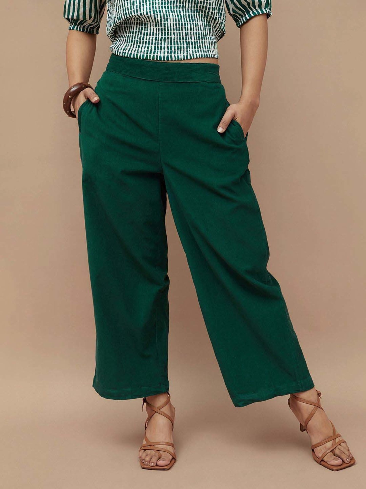 Colour Me by Melange Green Cotton Mid Rise Pants
