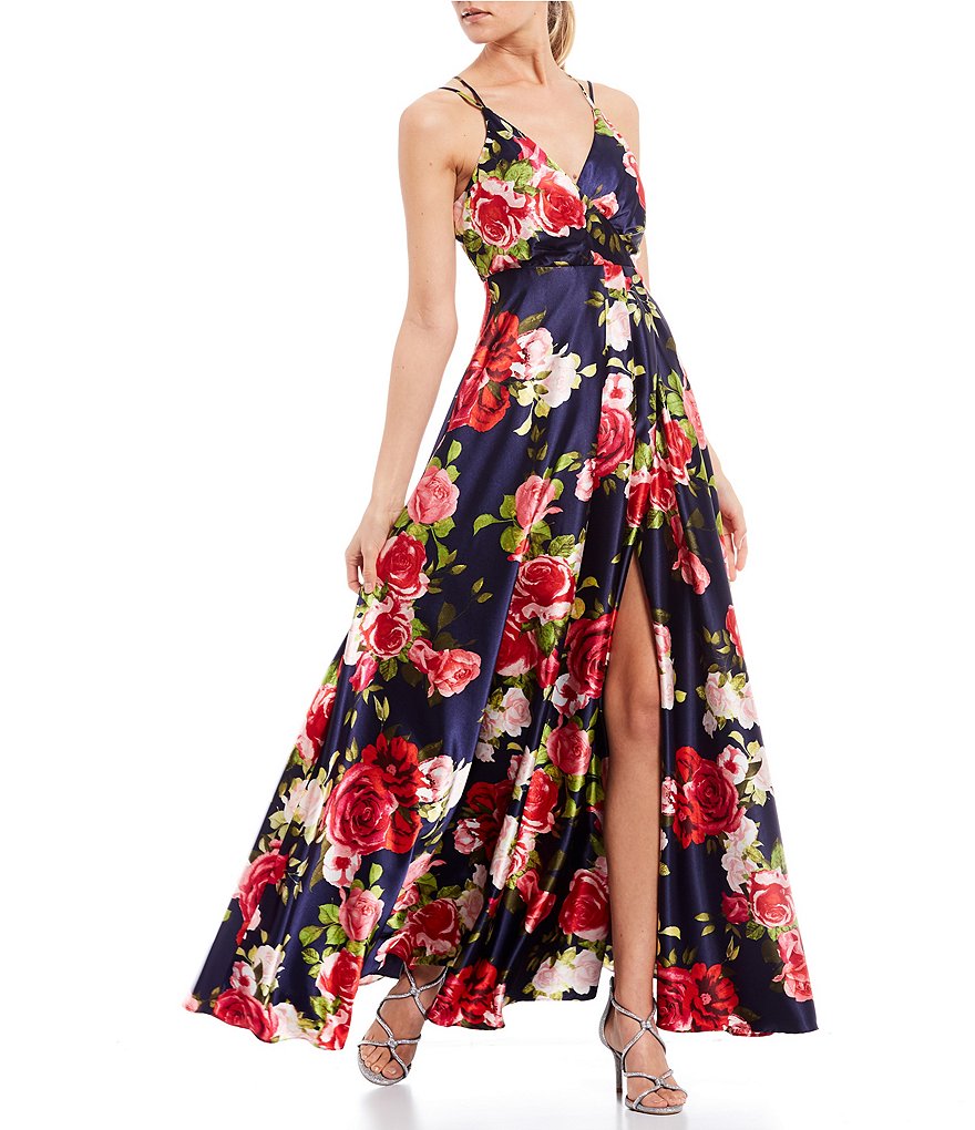 Sequin Hearts Surplice Side Slit Floral Print Satin Long Dress