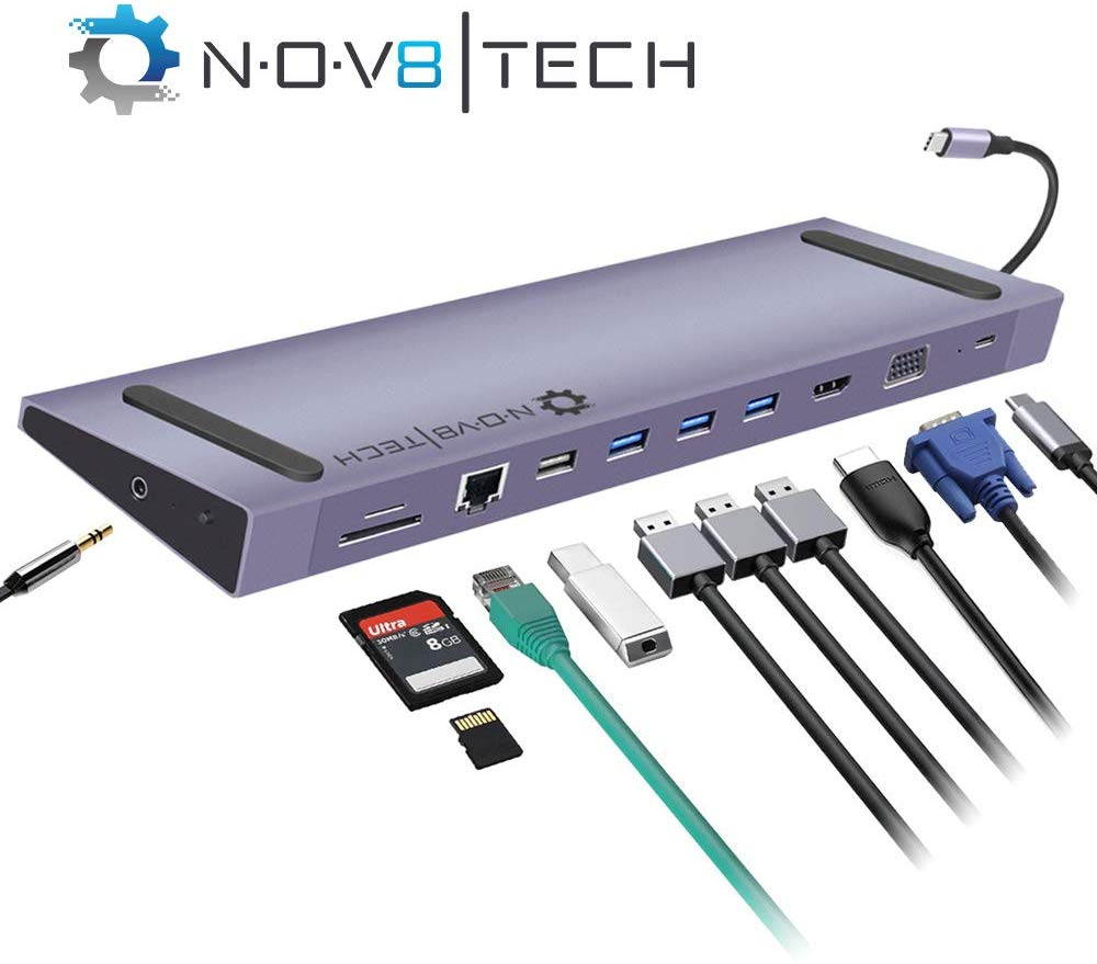 NOV8Tech USB C Hub Laptop Dock Stand 11-in-1 Ethernet 3.5mm Audio, SD/Micro SD 3X USB 3.0 1x USB 2.0 HDMI VGA & 100W PD USB C 3.1 (11in1 Dock for All USB C Devices - Space Gray)