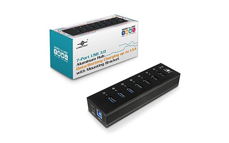 Vantec 7-Port USB 3.0 Hub, Aluminum, Full Powered, Mountable, with All Ports Data & Charging Up to 1.5A, BC 1.2, Premium 12V/3A, 36W Power Adapter ...