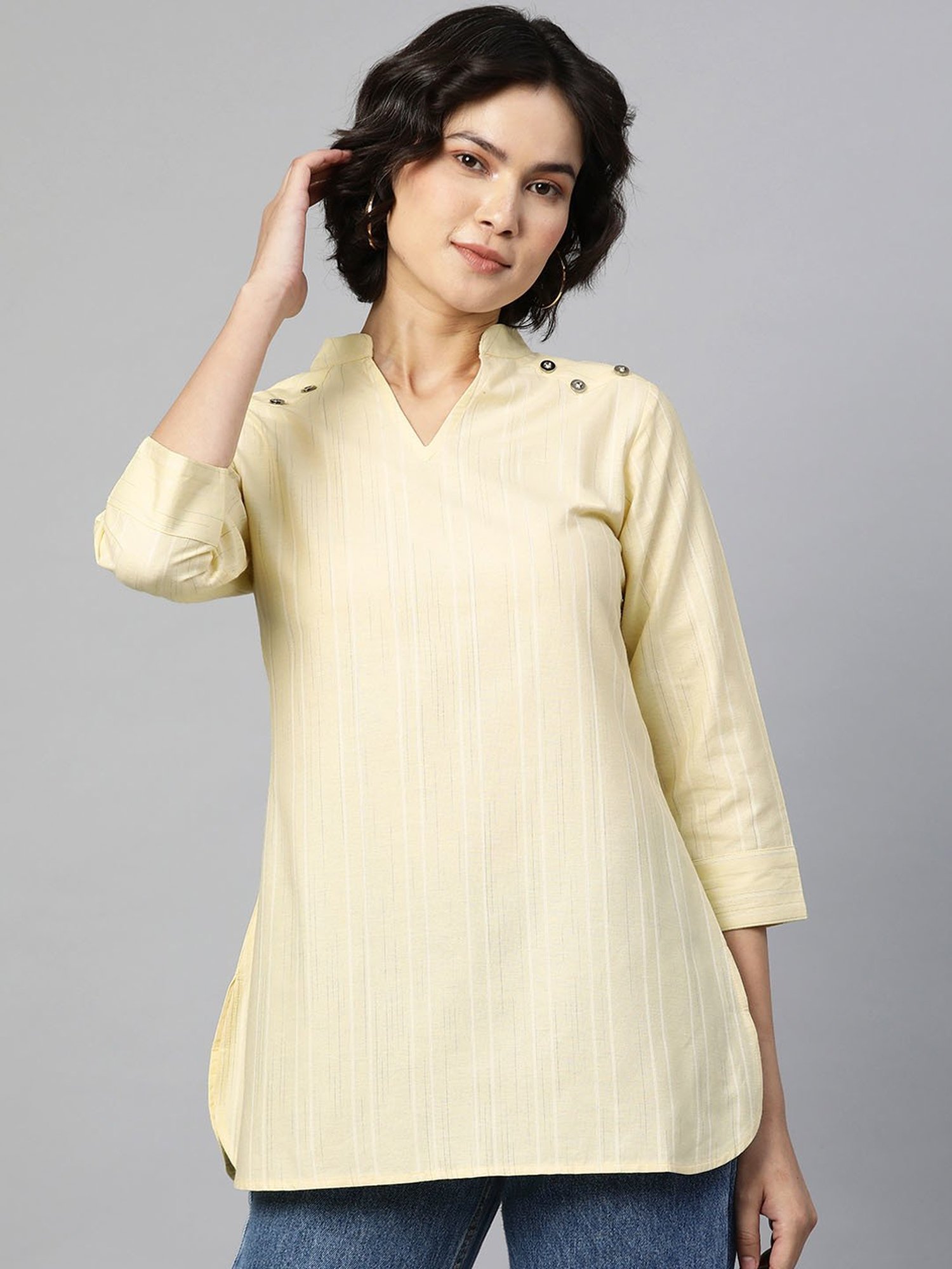 Cottinfab Light Yellow Self Design Ethnic Cotton Top