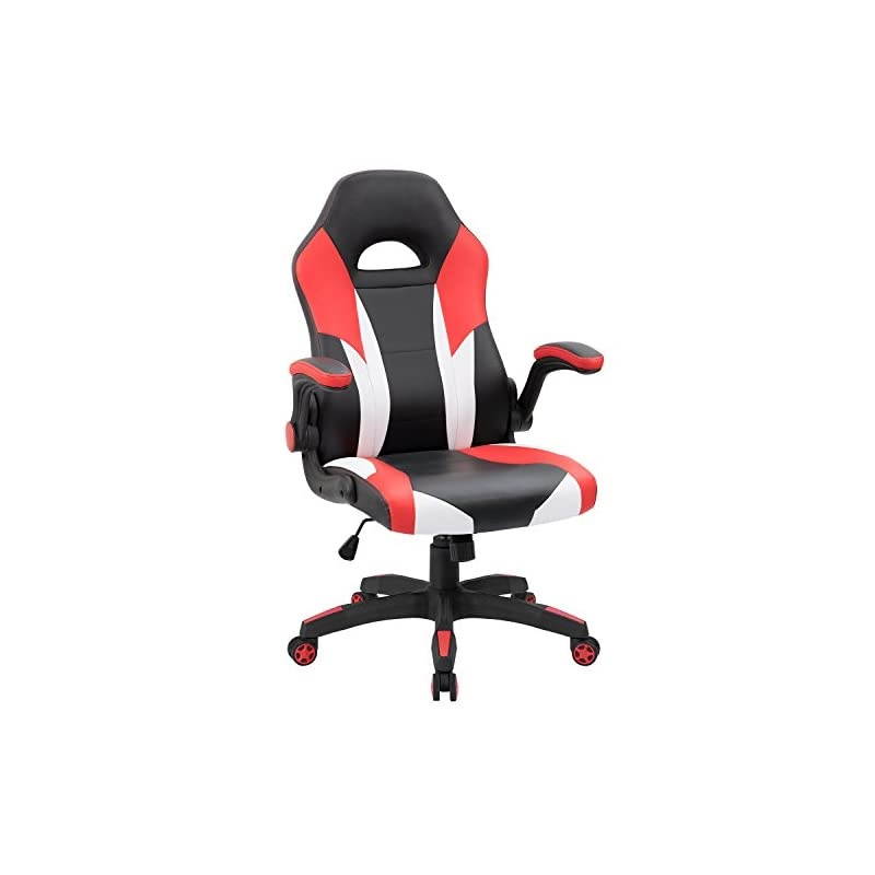 Gaming Chair Ergonomic Leather Racing Computer Chair High Back Adjustable Swivel Executive Office Desk Chair with Flip-Up Armrest (Red)