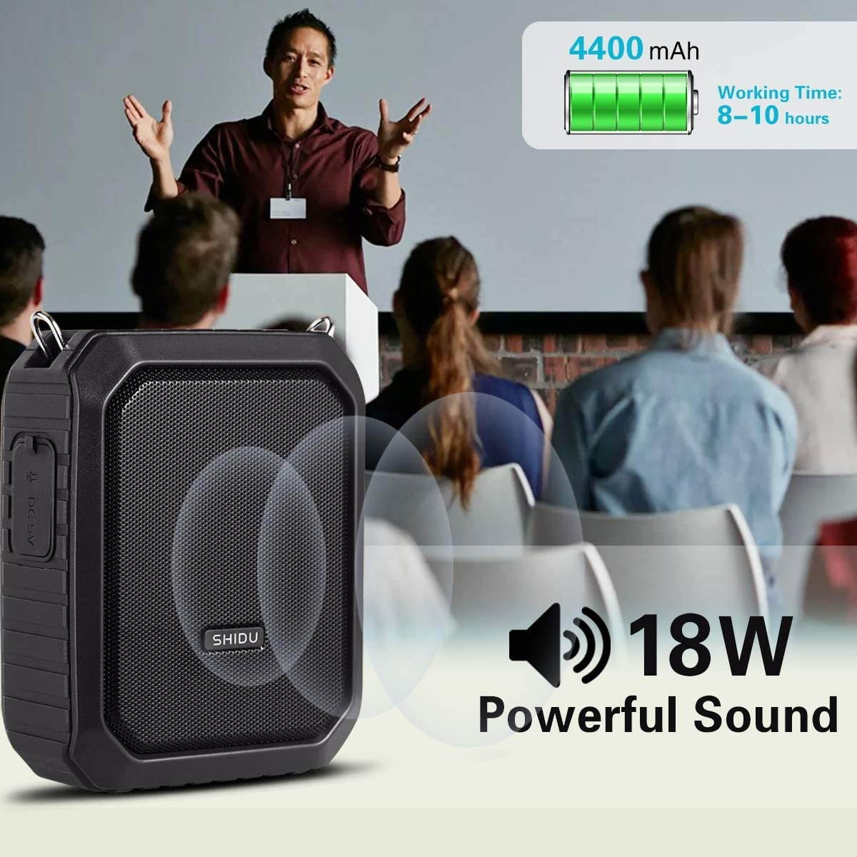 Voice Amplifier with Wired Microphone Headset 18W Waterproof IPX5 Voice Loudspeaker 4400mAh Rechargeable Portable PA system Power Bank for Outdoors Water Aerobics Teaching Meeting Training etc