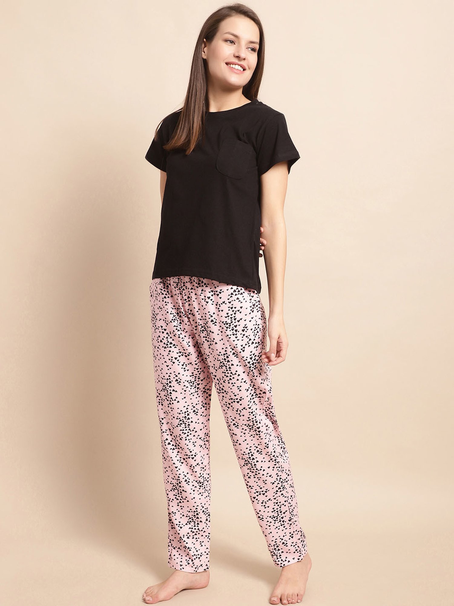 Boston Club Black & Pink Printed Top With Pyjamas